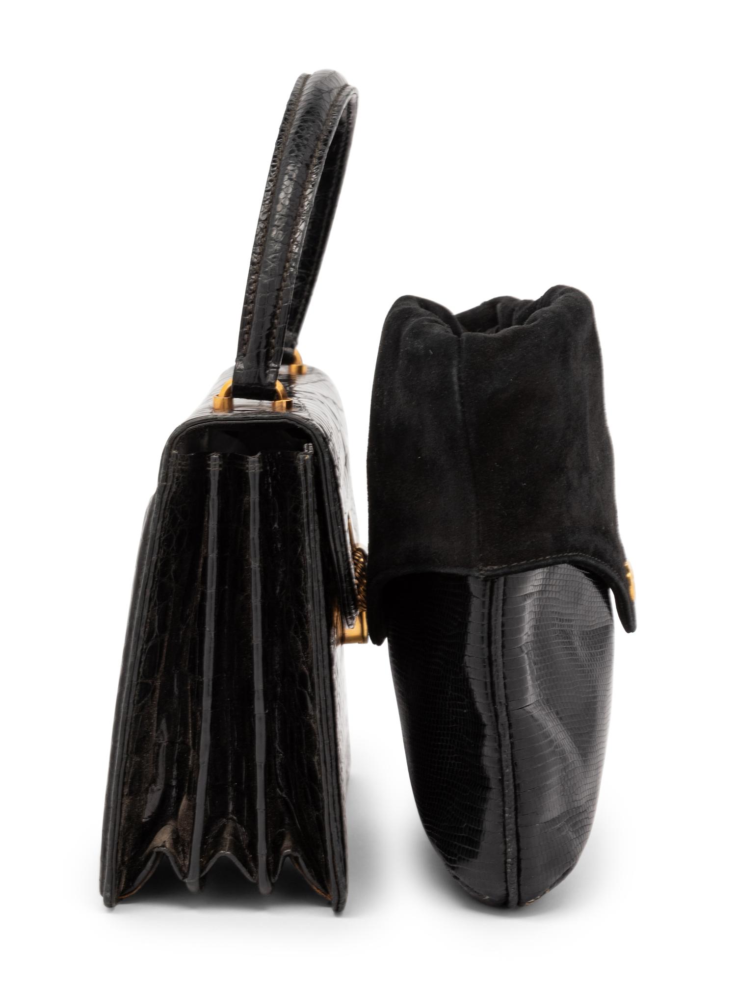 Two Gucci Handbags, Crocodile Top-Handle Bag and Lizard & Suede Crossbody Bag, 1960-70s