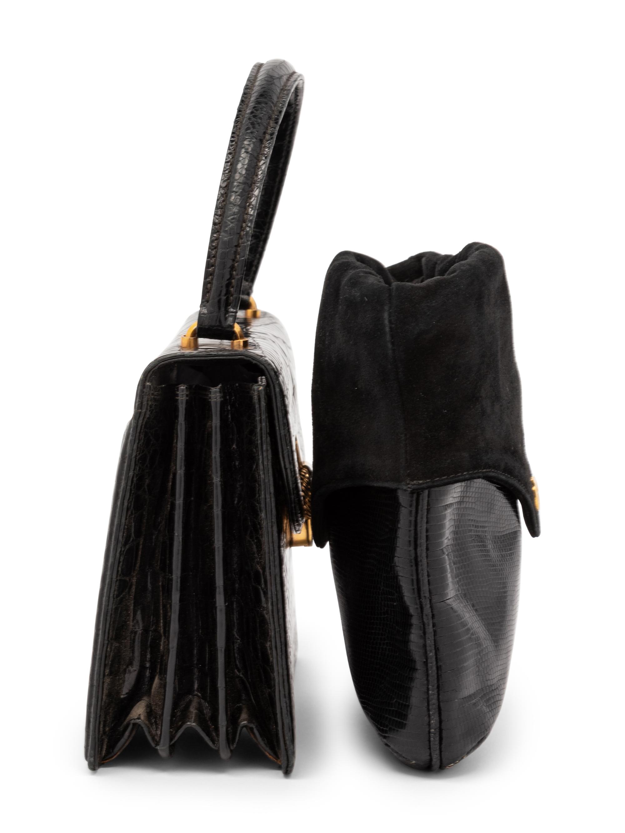 Two Gucci Handbags, Crocodile Top-Handle Bag and Lizard & Suede Crossbody Bag, 1960-70s