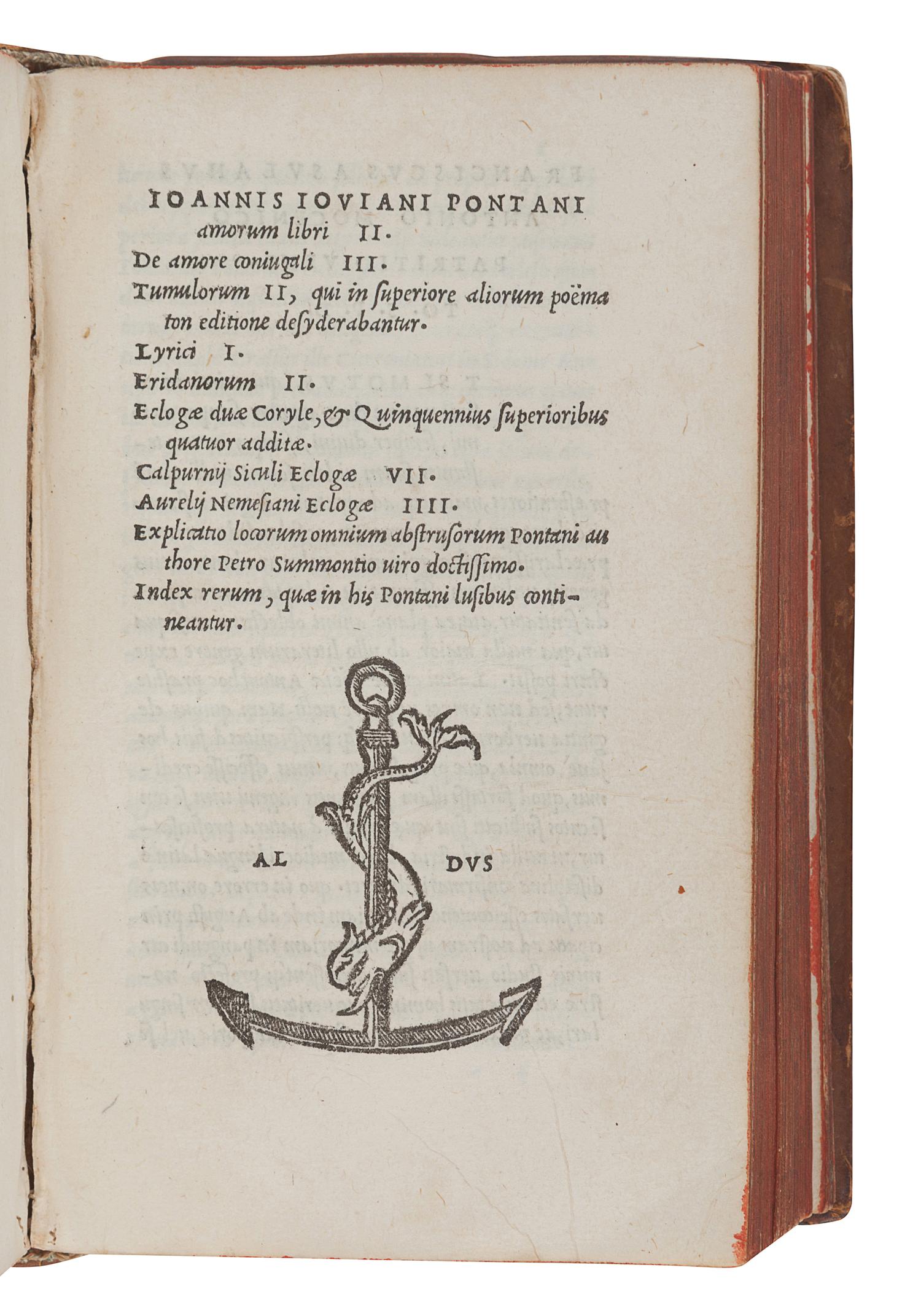 PONTANUS, Johannes Jovianus (1426-1503). Opera. Venice: Aldus, 1513. 12mo. Later calf gilt, edges stained red.