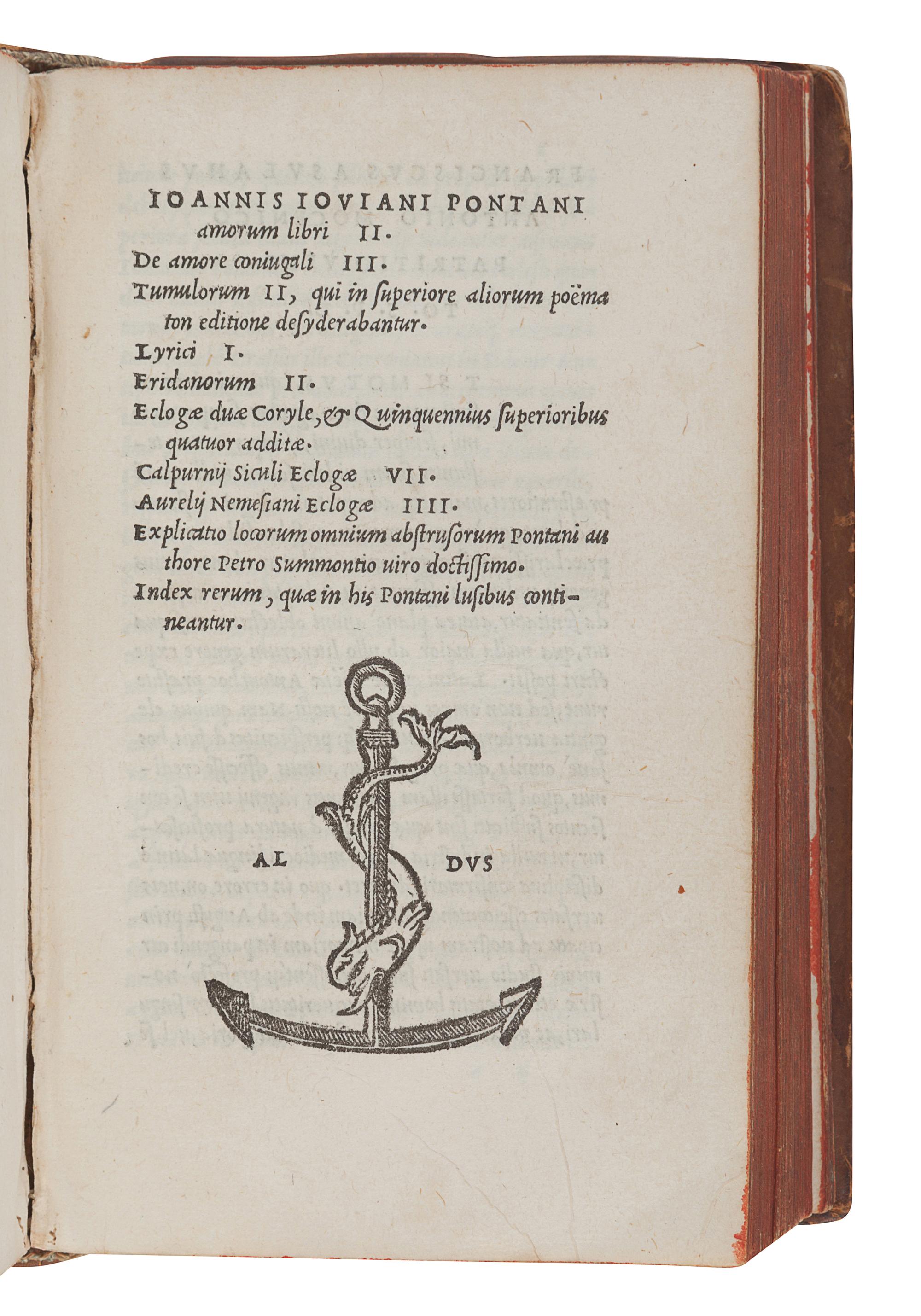 PONTANUS, Johannes Jovianus (1426-1503). Opera. Venice: Aldus, 1513. 12mo. Later calf gilt, edges stained red.