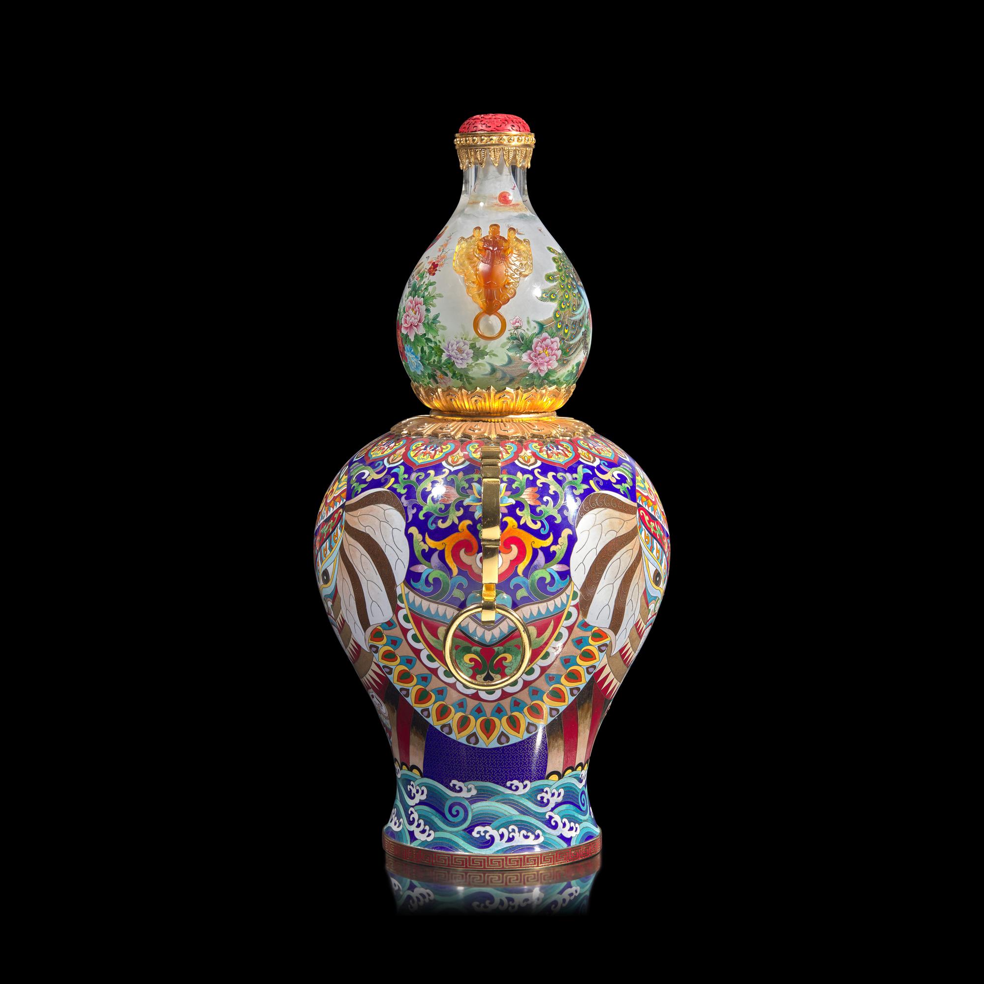 A Massive Chinese Interior-Painted Glass and Cloisonné Enamel Gourd-Form "Snuff Bottle" Ornament by Wang Xisan (b. 1938) and Zhang Tonglu (b. 1942)