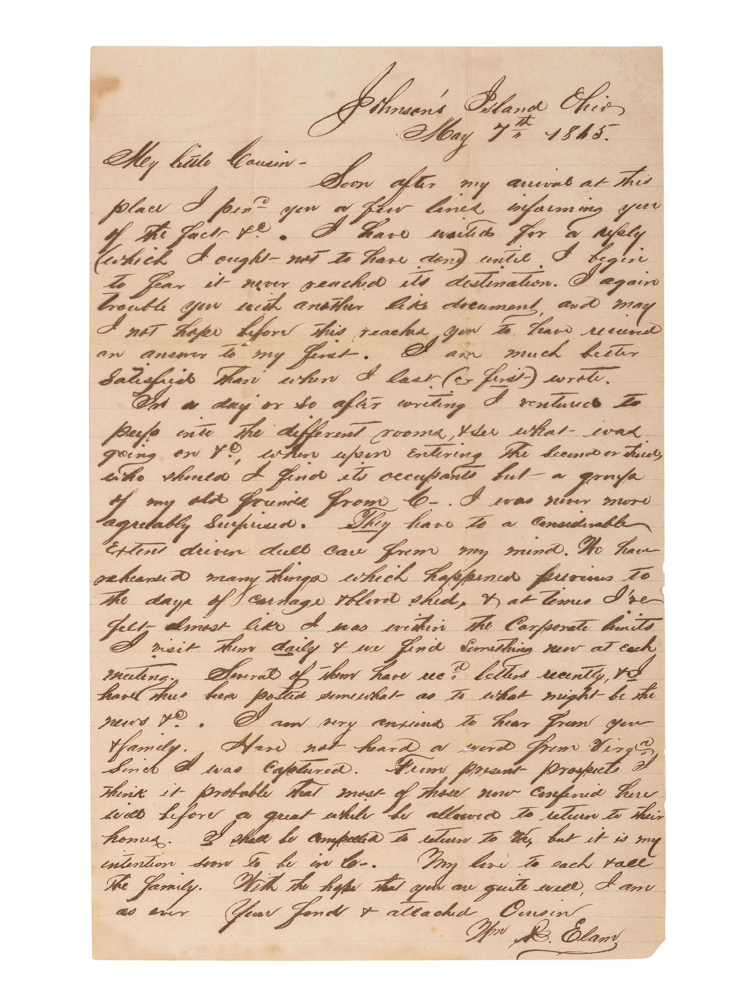 [CIVIL WAR]. POW letter written by 1st Lt. William R. Elam, 18th Virginia Infantry.