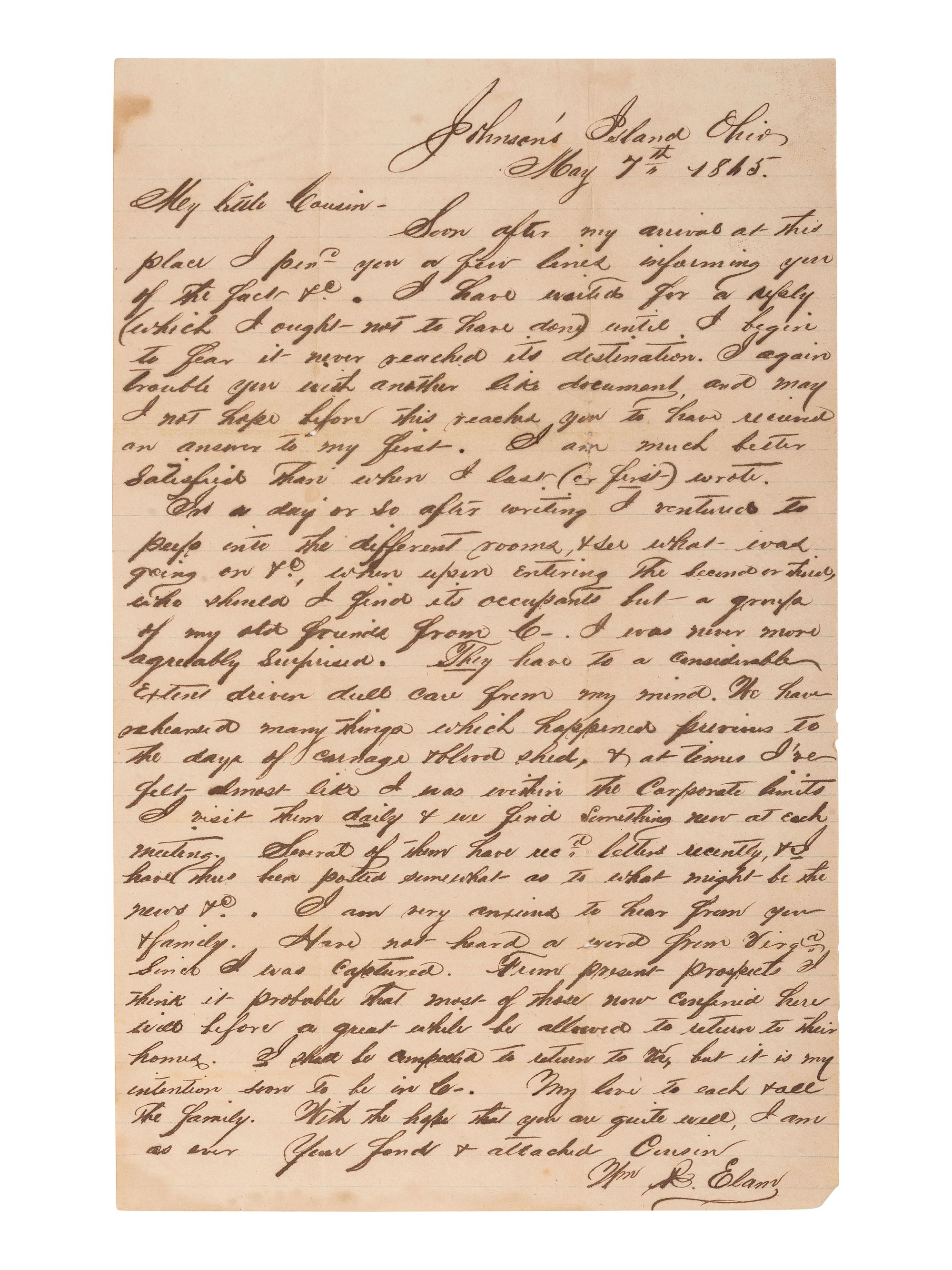 [CIVIL WAR]. POW letter written by 1st Lt. William R. Elam, 18th Virginia Infantry.
