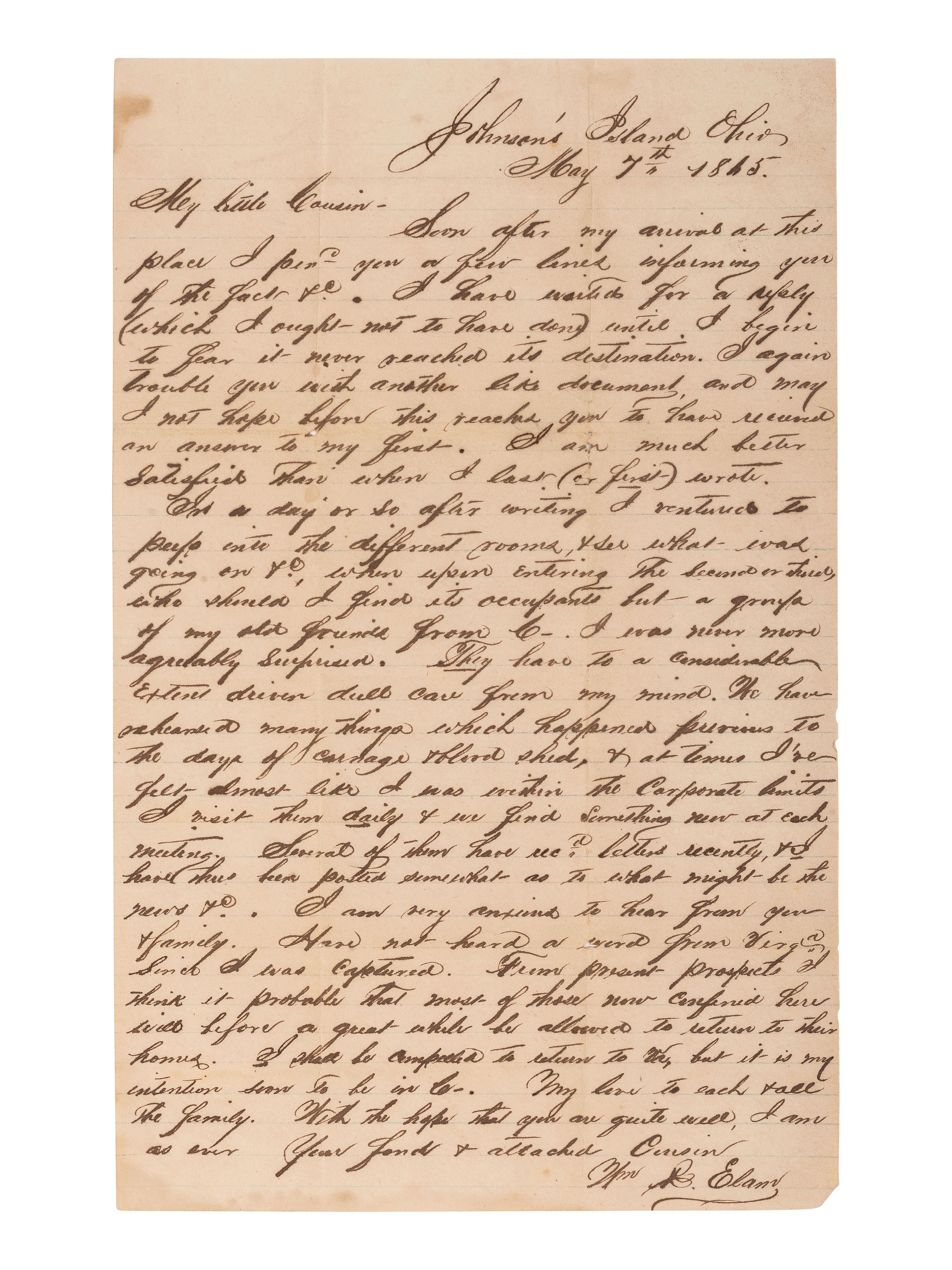 [CIVIL WAR]. POW letter written by 1st Lt. William R. Elam, 18th Virginia Infantry.
