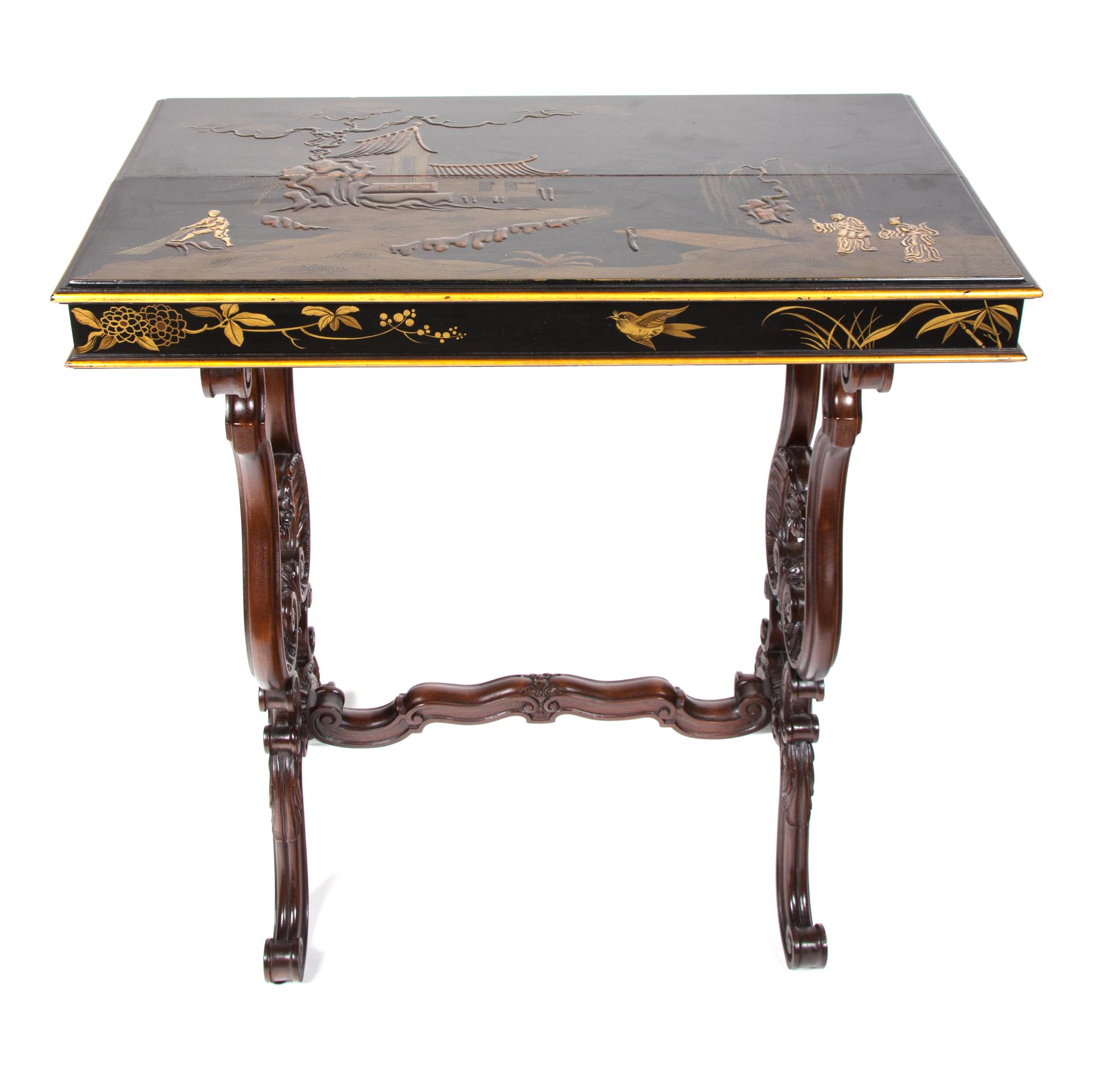 A Pair of Victorian Chinoiserie Lacquer Top Side Tables Height 28 1/2 x width 27 1/2 x depth 15 3/4 inches. — 19TH CENTURY