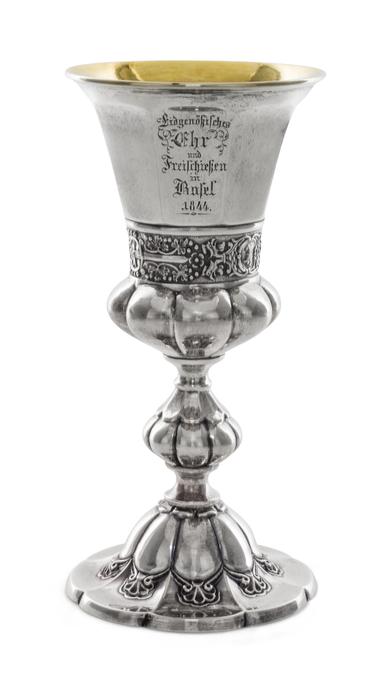 A Swiss Silver Chalice, Probably Georg Adam & Philipp Rudolf Rehfues, Bern, Mid-19th Century, the bowl of tapering faceted form with an