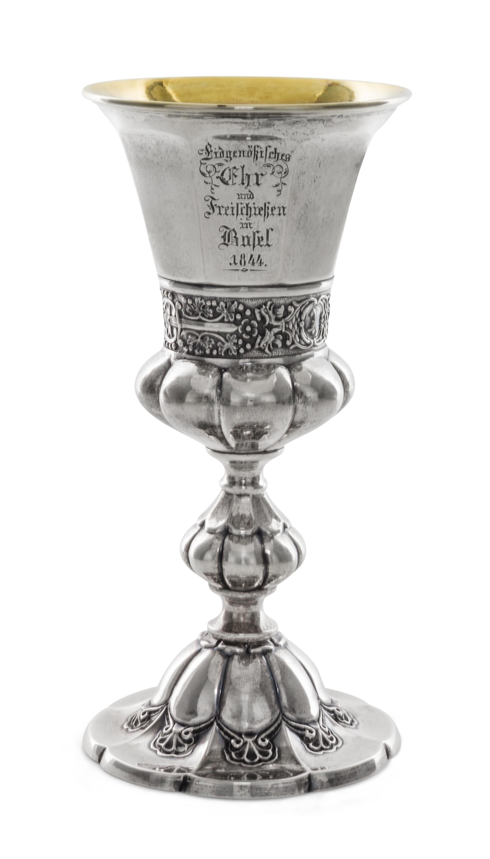 A Swiss Silver Chalice, Probably Georg Adam & Philipp Rudolf Rehfues, Bern, Mid-19th Century, the bowl of tapering faceted form with an