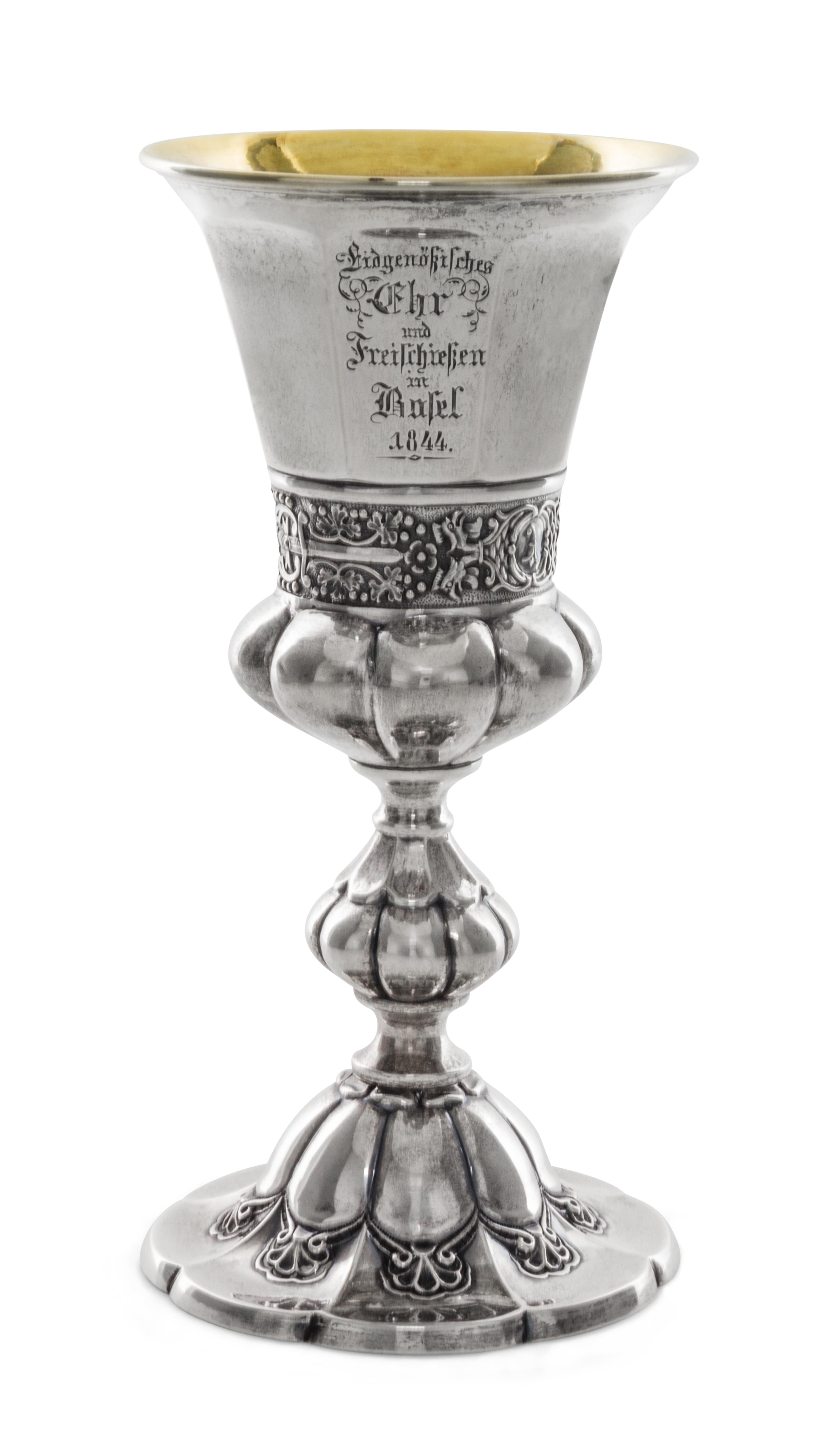 A Swiss Silver Chalice, Probably Georg Adam & Philipp Rudolf Rehfues, Bern, Mid-19th Century, the bowl of tapering faceted form with an