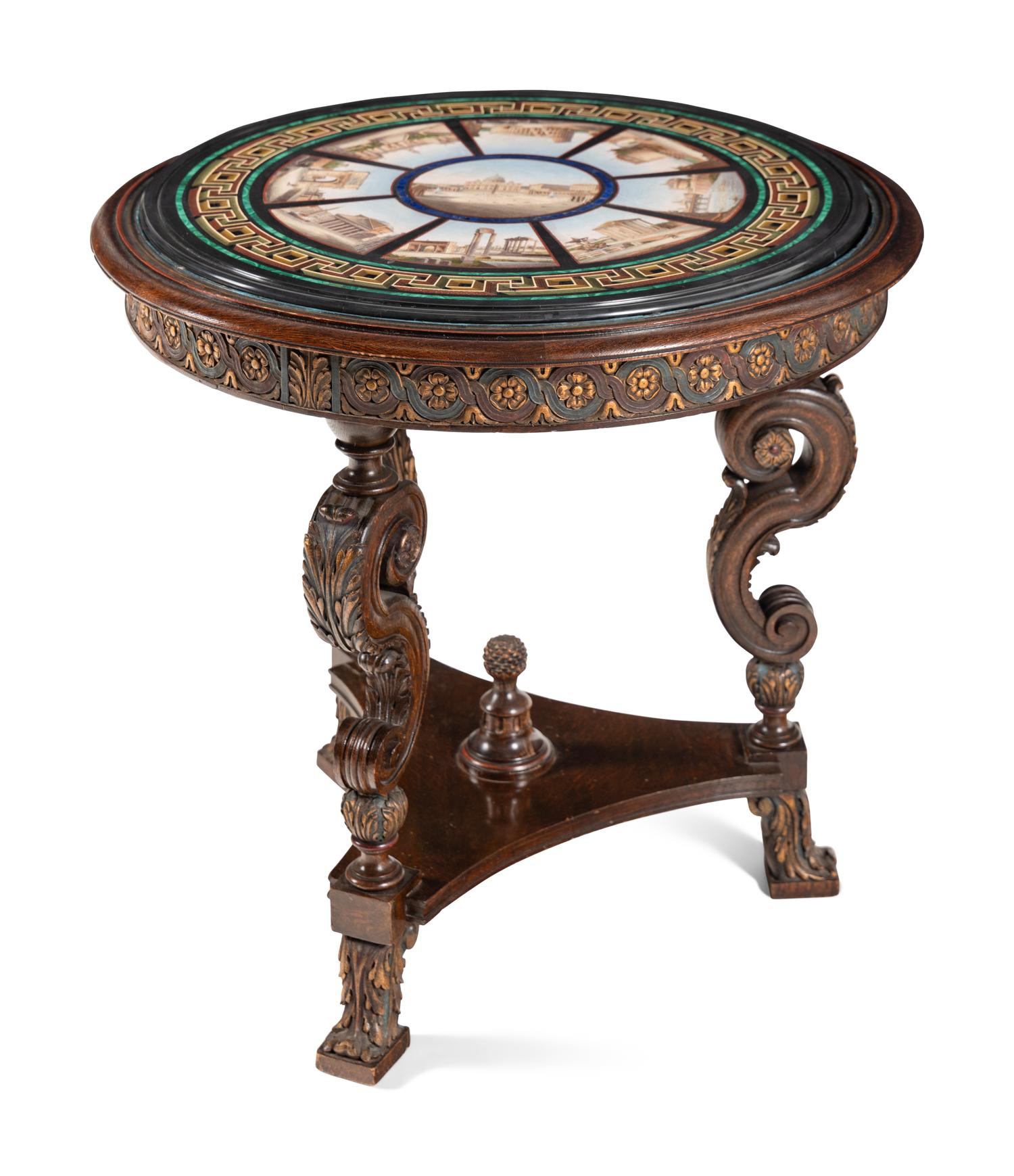 An Italian Micromosaic and Parcel Gilt Oak Center Table