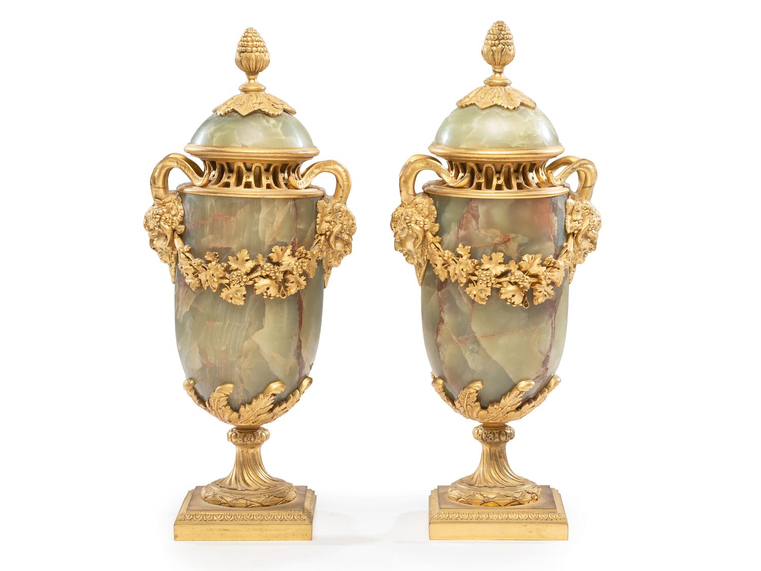 A Pair of French Gilt Bronze and Onyx Urn Ornaments