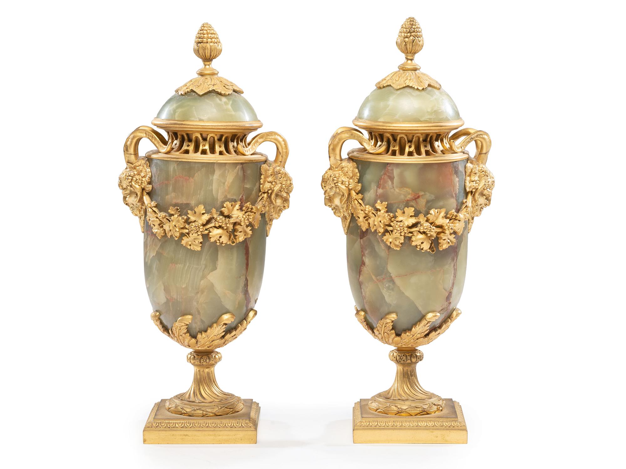 A Pair of French Gilt Bronze and Onyx Urn Ornaments