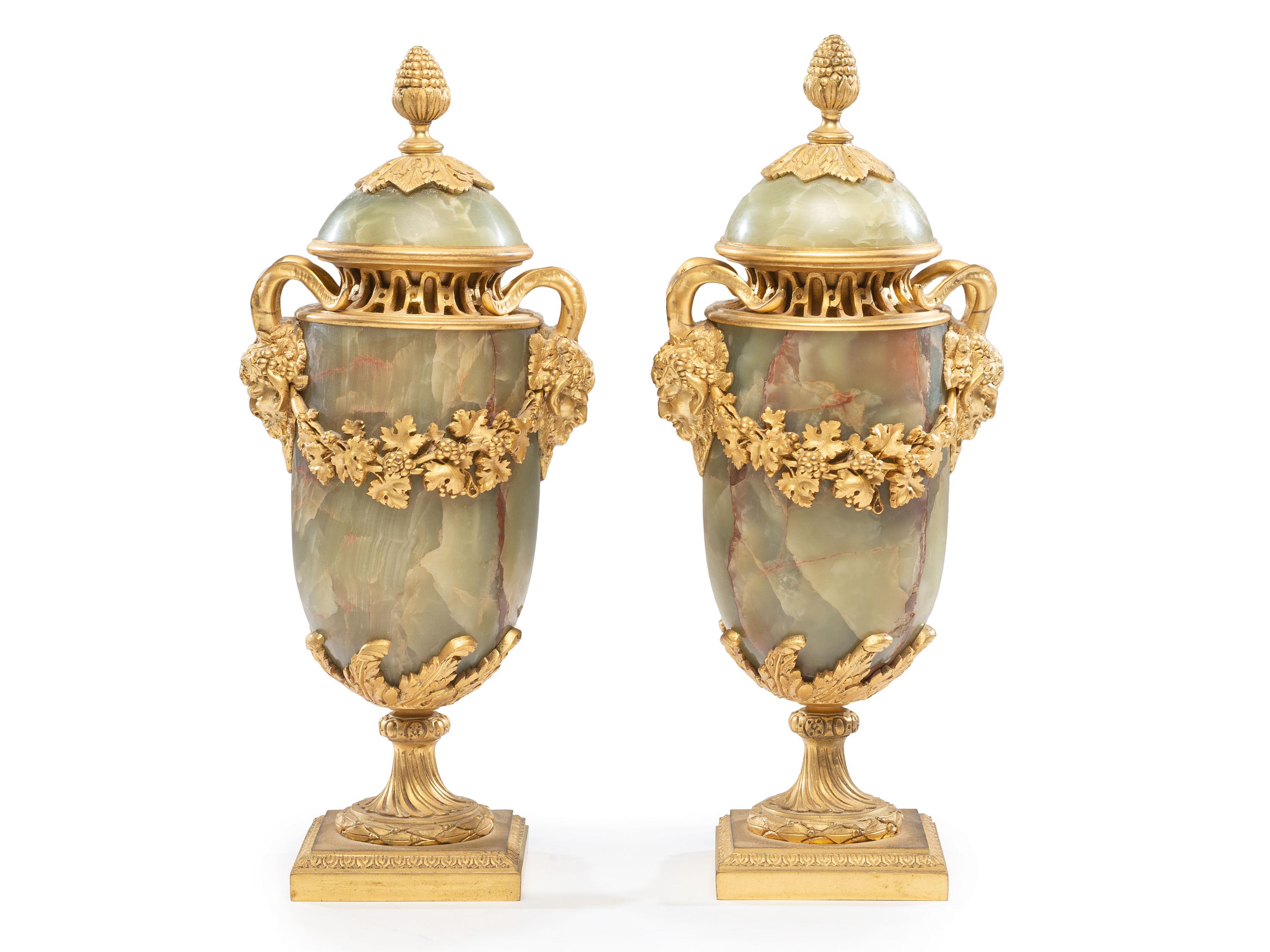 A Pair of French Gilt Bronze and Onyx Urn Ornaments