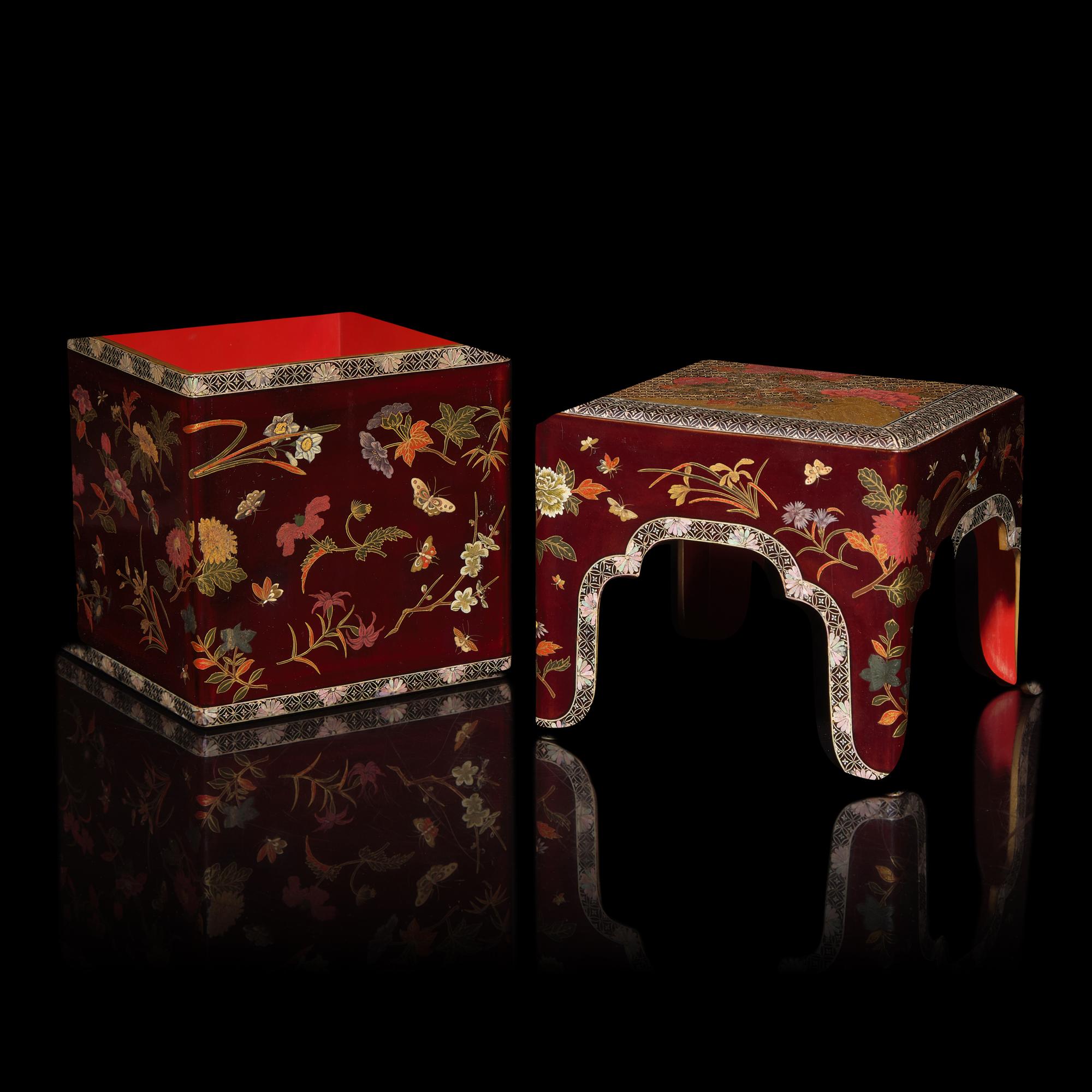 An Unusual Japanese Lacquer Box and Cover, Edo Period, 18th/Early 19th Century — 日本江戶時代 朱漆描金嵌螺鈿蓋盒