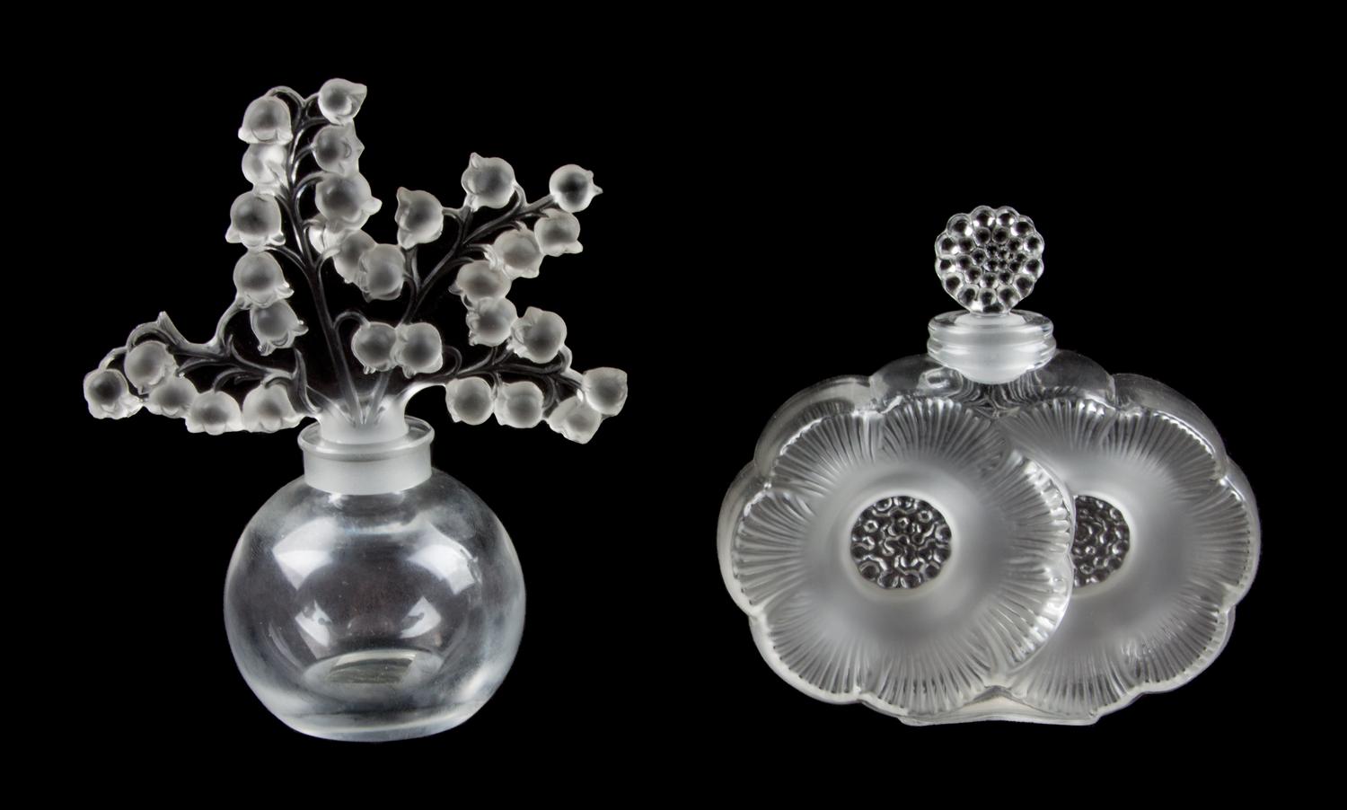 Two Lalique Molded and Frosted Glass Perfume Bottles Height of first 4 1/2 inches.