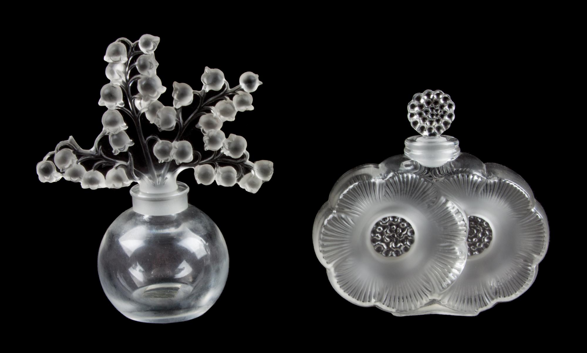 Two Lalique Molded and Frosted Glass Perfume Bottles Height of first 4 1/2 inches.