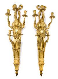 A Pair of Louis XVI Style Gilt Bronze Five-Light Sconces Height 38 1/2 inches. — LATE 20TH CENTURY