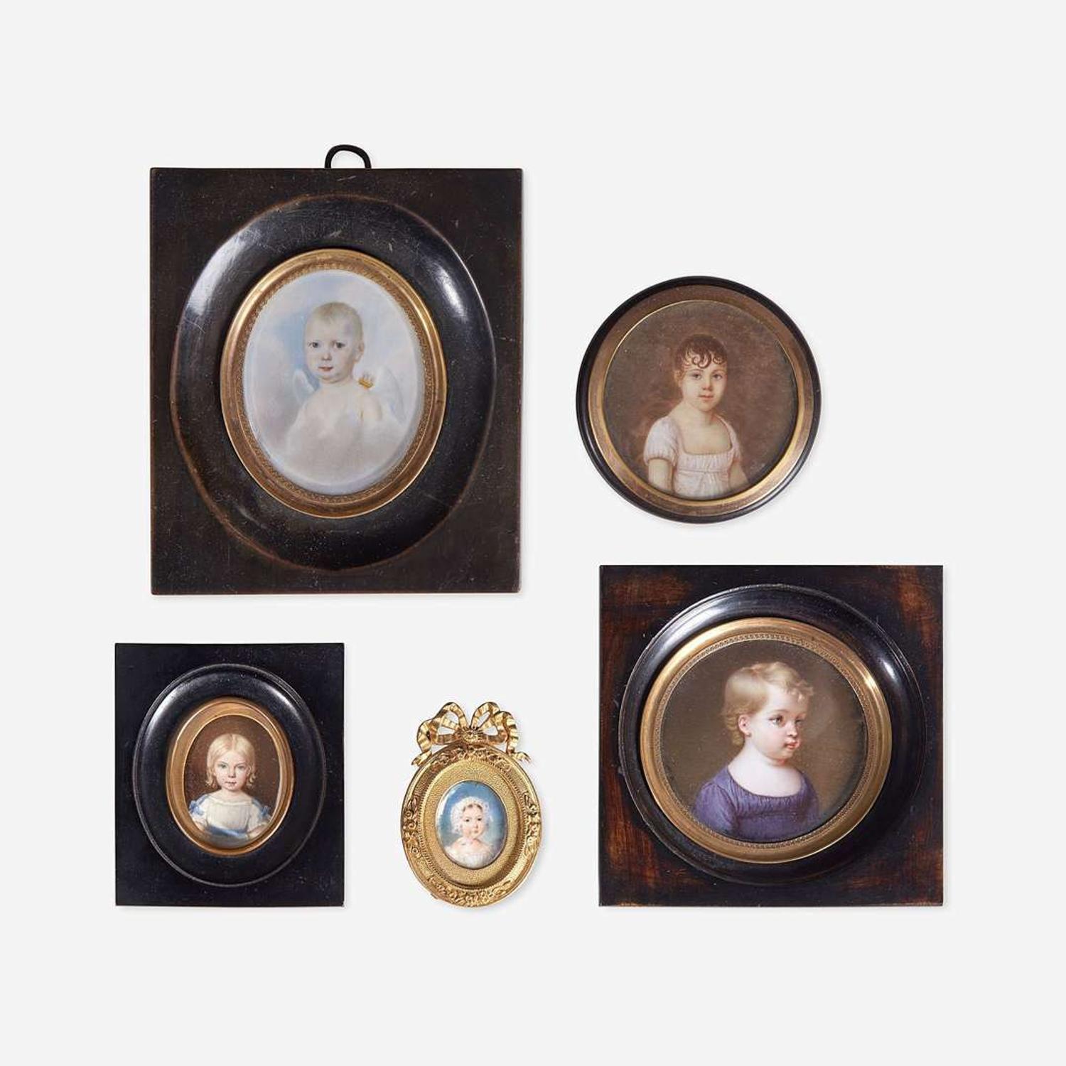 French and Continental School 19th century Group of Five Portrait Miniatures of Children, various artists, first half 19th century