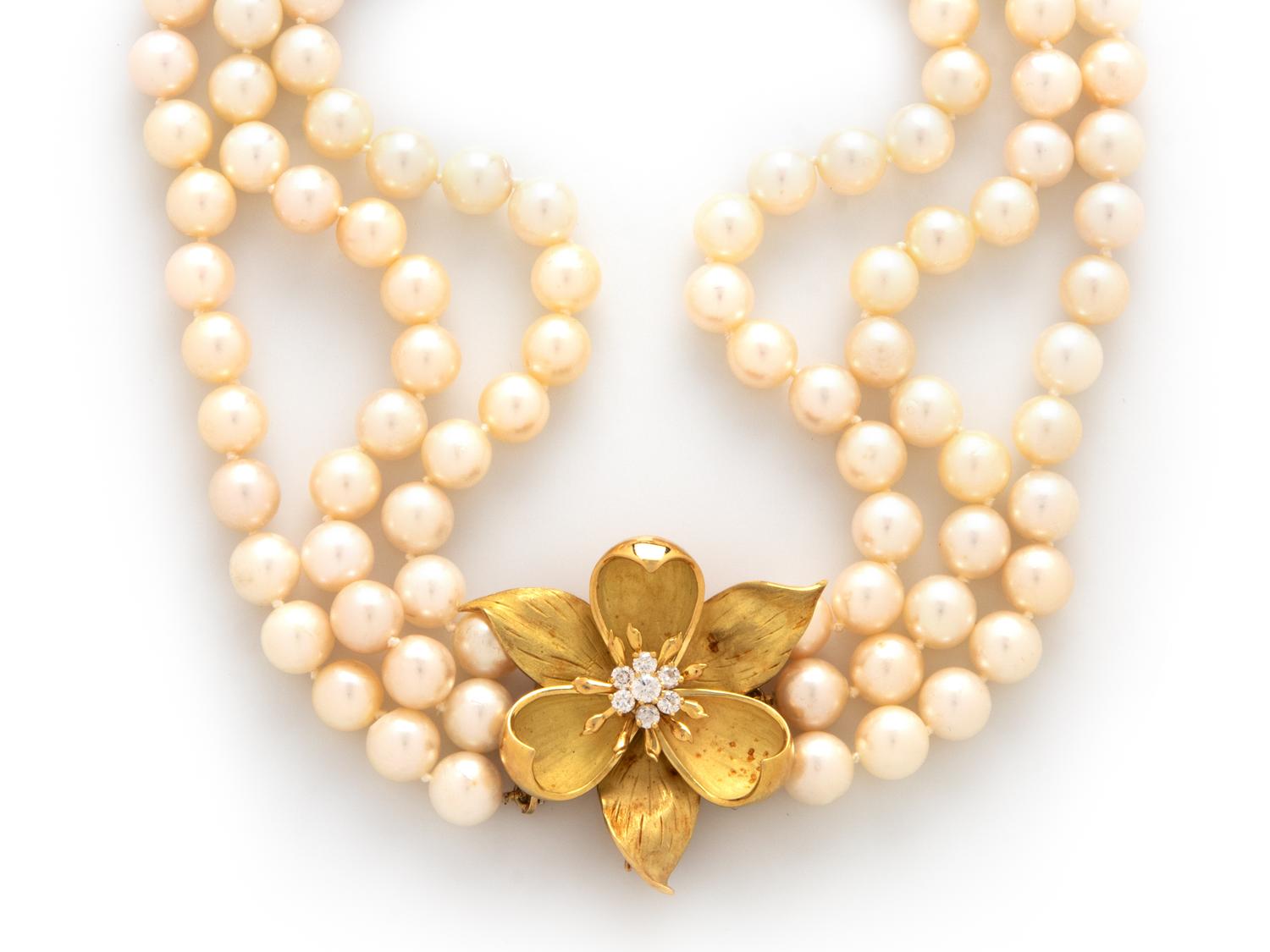 YELLOW GOLD, CULTURED PEARL, AND DIAMOND CONVERTIBLE BROOCH/NECKLACE