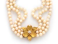 YELLOW GOLD, CULTURED PEARL, AND DIAMOND CONVERTIBLE BROOCH/NECKLACE
