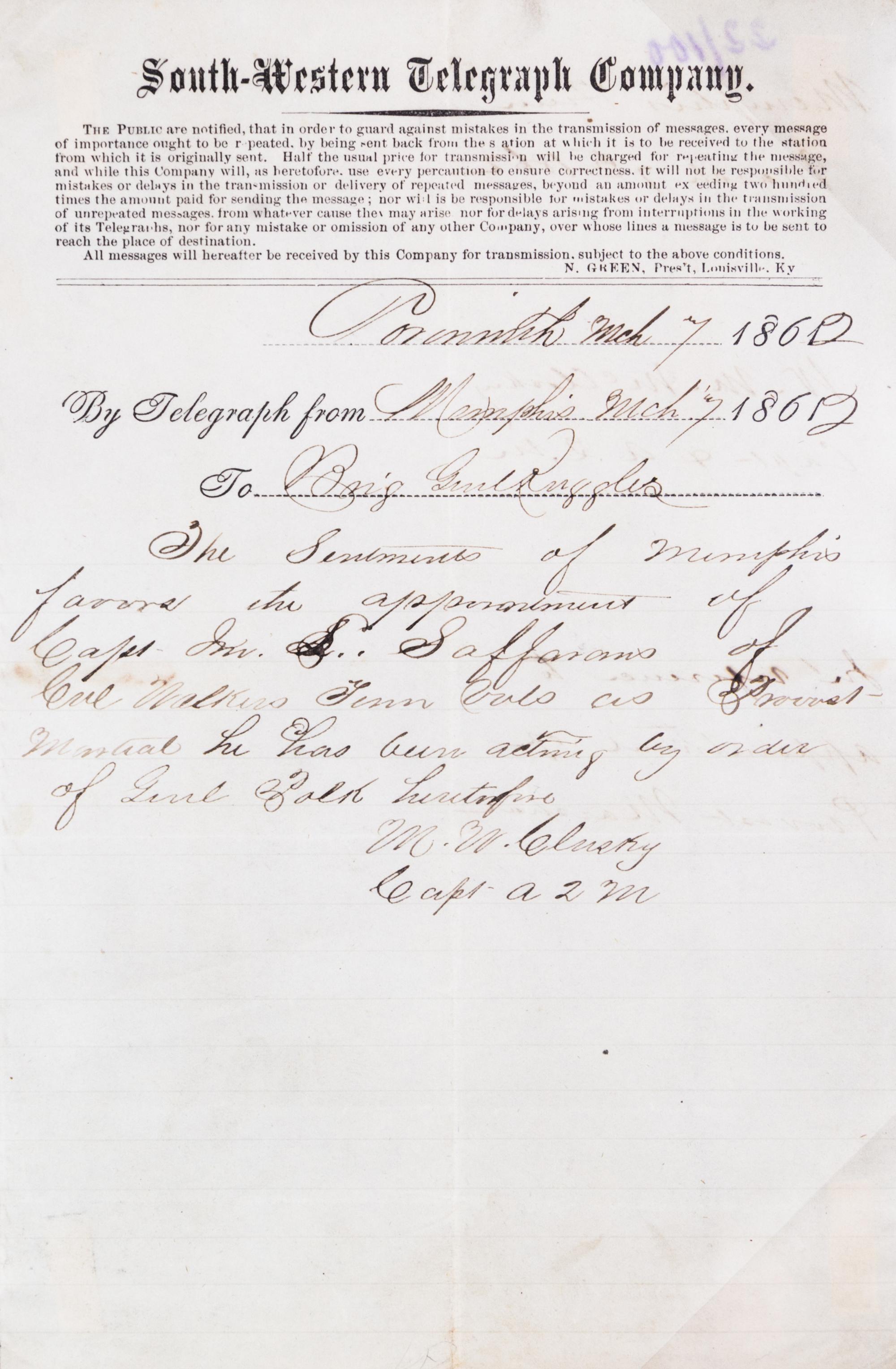 (CIVIL WAR; MISSISSIPPI) RUGGLES, GEN. DANIEL. 14 telegrams sent to Ruggles from March 1862 to Sept. 1863.