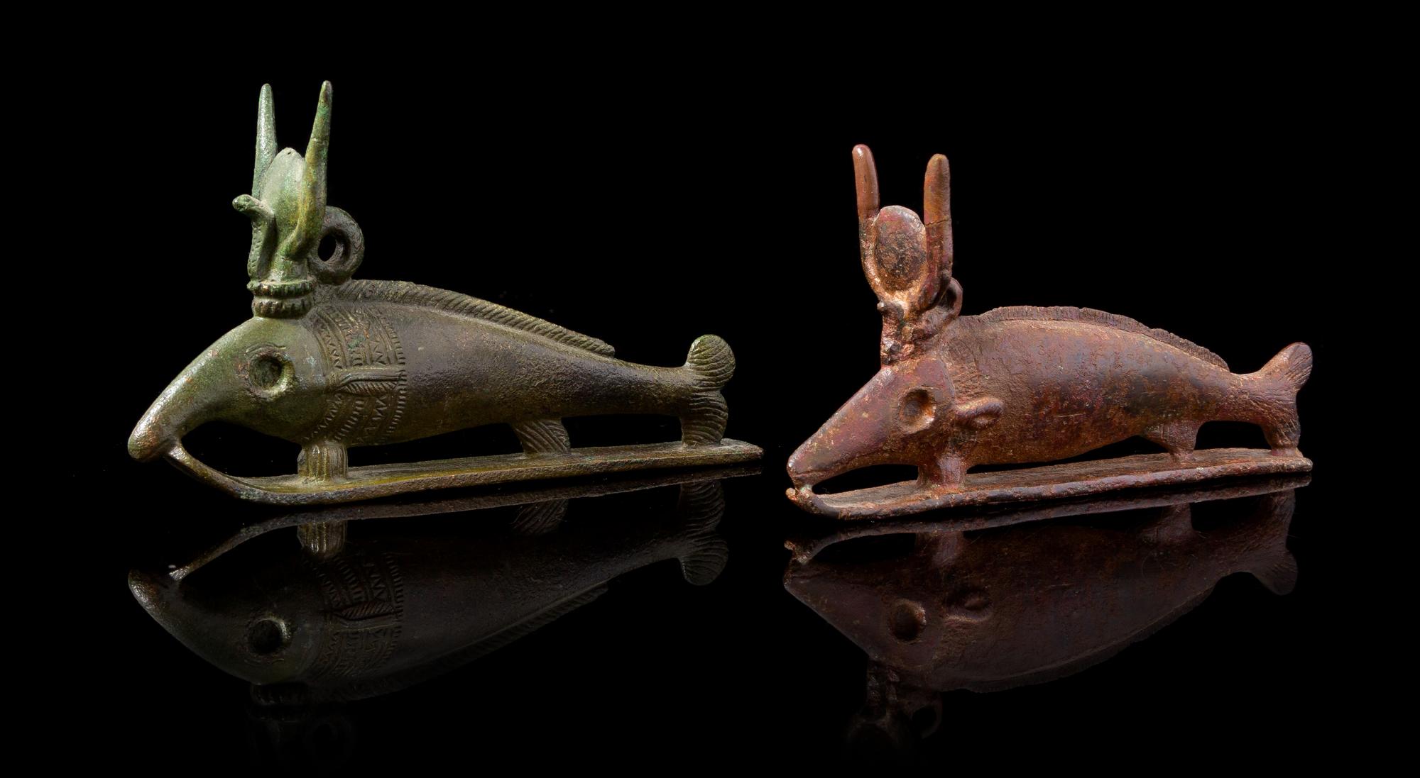 Two Egyptian Bronze Oxyrynchos Fish Width of first 4 1/2 inches. — LATE PERIOD TO PTOLEMAIC PERIOD, 664-30 B.C.E.