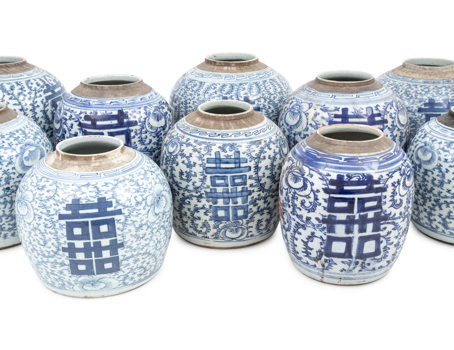 10 Chinese Blue and White Porcelain 'Double Happiness' Jars