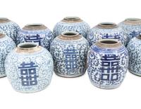 10 Chinese Blue and White Porcelain 'Double Happiness' Jars