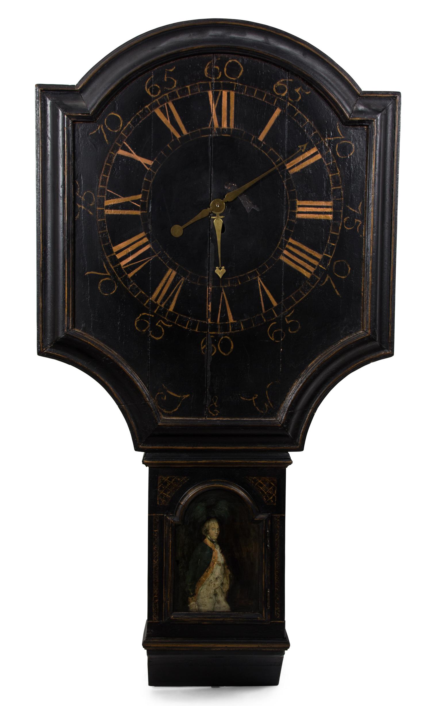 A George III Black and Gilt Tavern Clock Height 59 x width 31 inches. — 18TH CENTURY