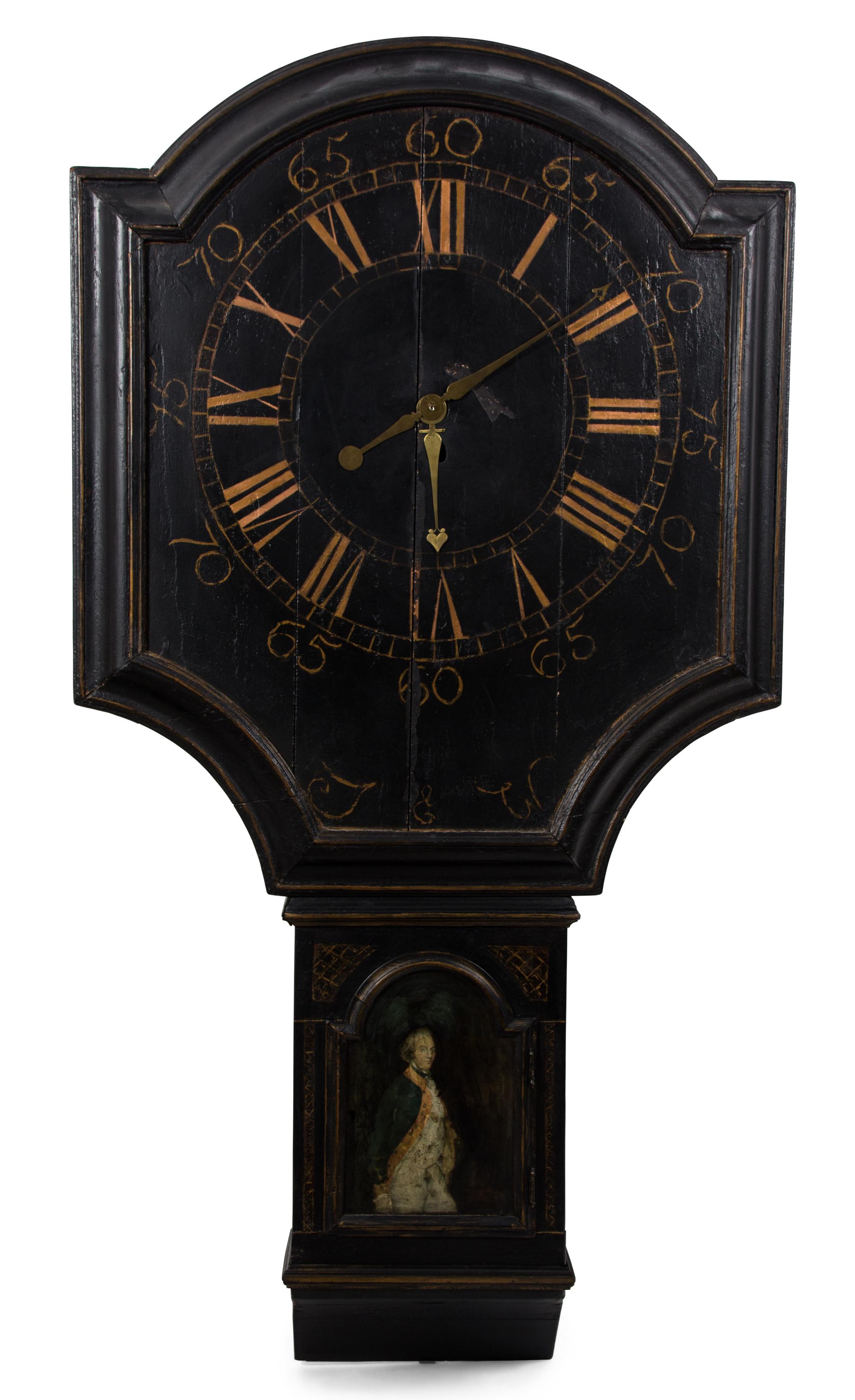 A George III Black and Gilt Tavern Clock Height 59 x width 31 inches. — 18TH CENTURY