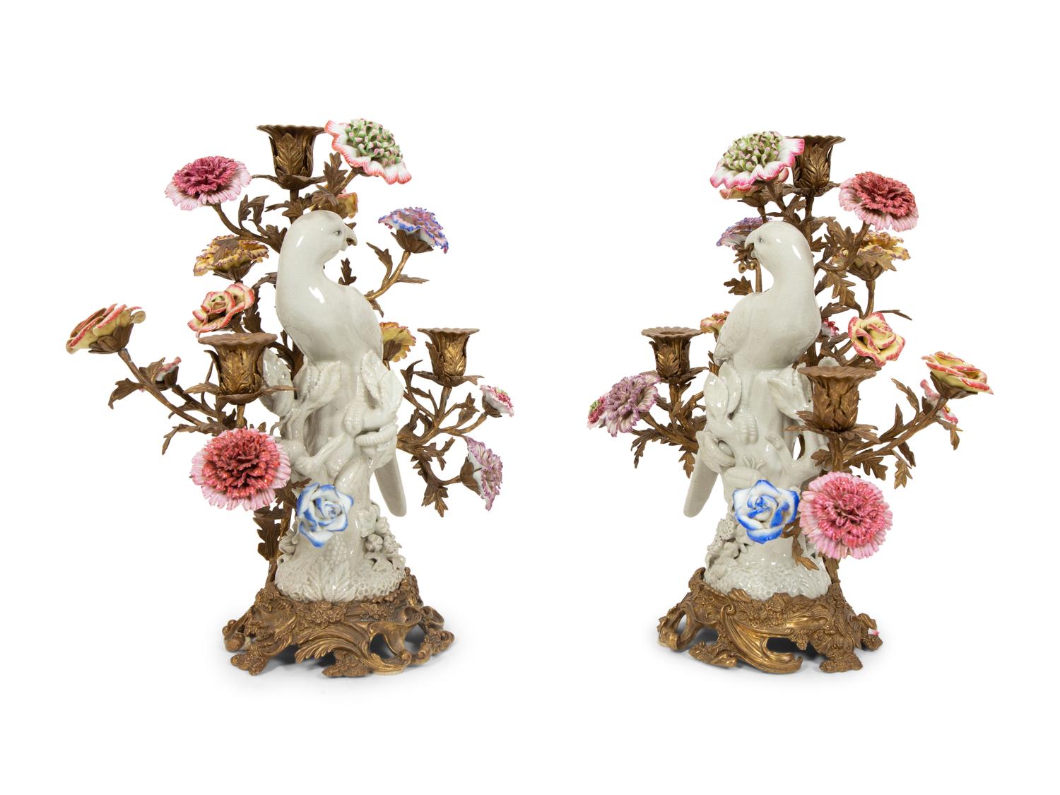 A Pair of Gilt Bronze and Porcelain Three-Light Candelabra