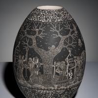 Hector Javier Martinez Mendez and Gabriela Perez de Martinez (Mata Ortiz, 20th century) — Black-on-Cream Sgraffito Pottery Jar, Remembering Artist Past - Night