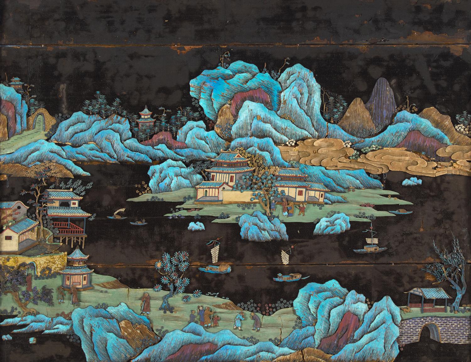 A Chinese Kingfisher Feather Embellished and Zitan Veneer 'Landscape' Wall Panel, 19th Century — 清中晚期 紫檀貼皮點翠山水圖挂屏