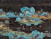 A Chinese Kingfisher Feather Embellished and Zitan Veneer 'Landscape' Wall Panel, 19th Century — 清中晚期 紫檀貼皮點翠山水圖挂屏