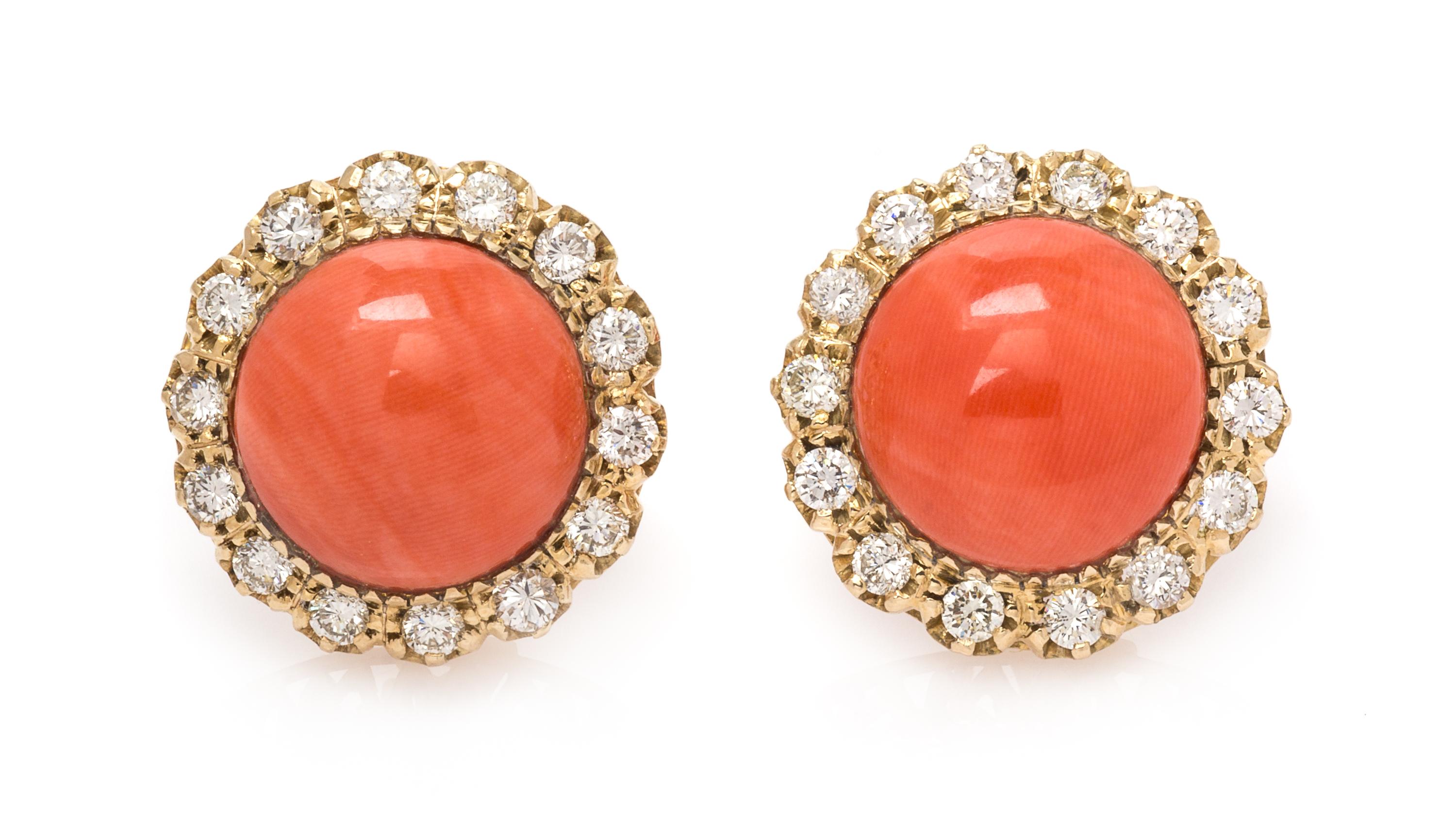 A Pair of 14 Karat Yellow Gold, Coral and Diamond Earclips, 10.80 dwts.