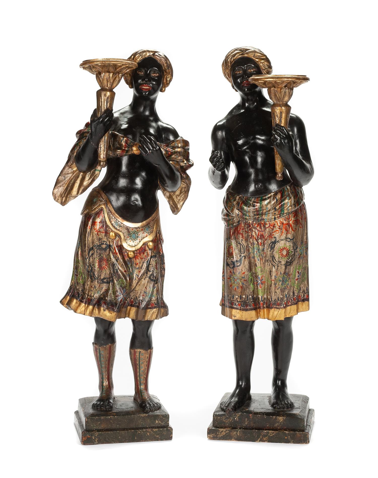 A Pair of Venetian Gilt and Polychromed Figures Height 38 1/2 inches. — 19TH CENTURY