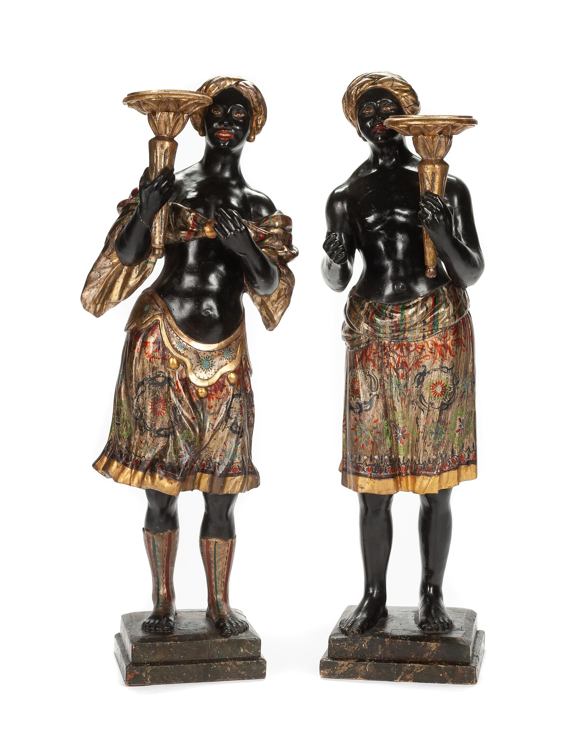 A Pair of Venetian Gilt and Polychromed Figures Height 38 1/2 inches. — 19TH CENTURY