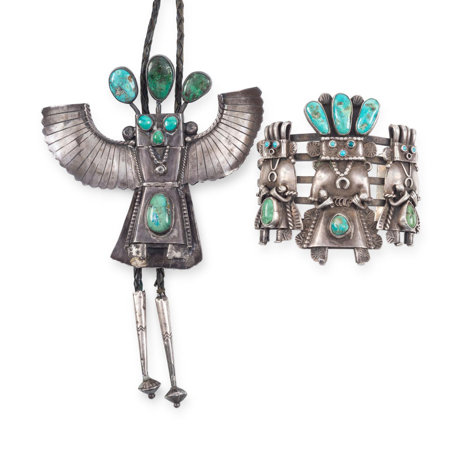 Navajo Silver and Turquoise Katsina Bolo Tie AND Cuff Bracelet