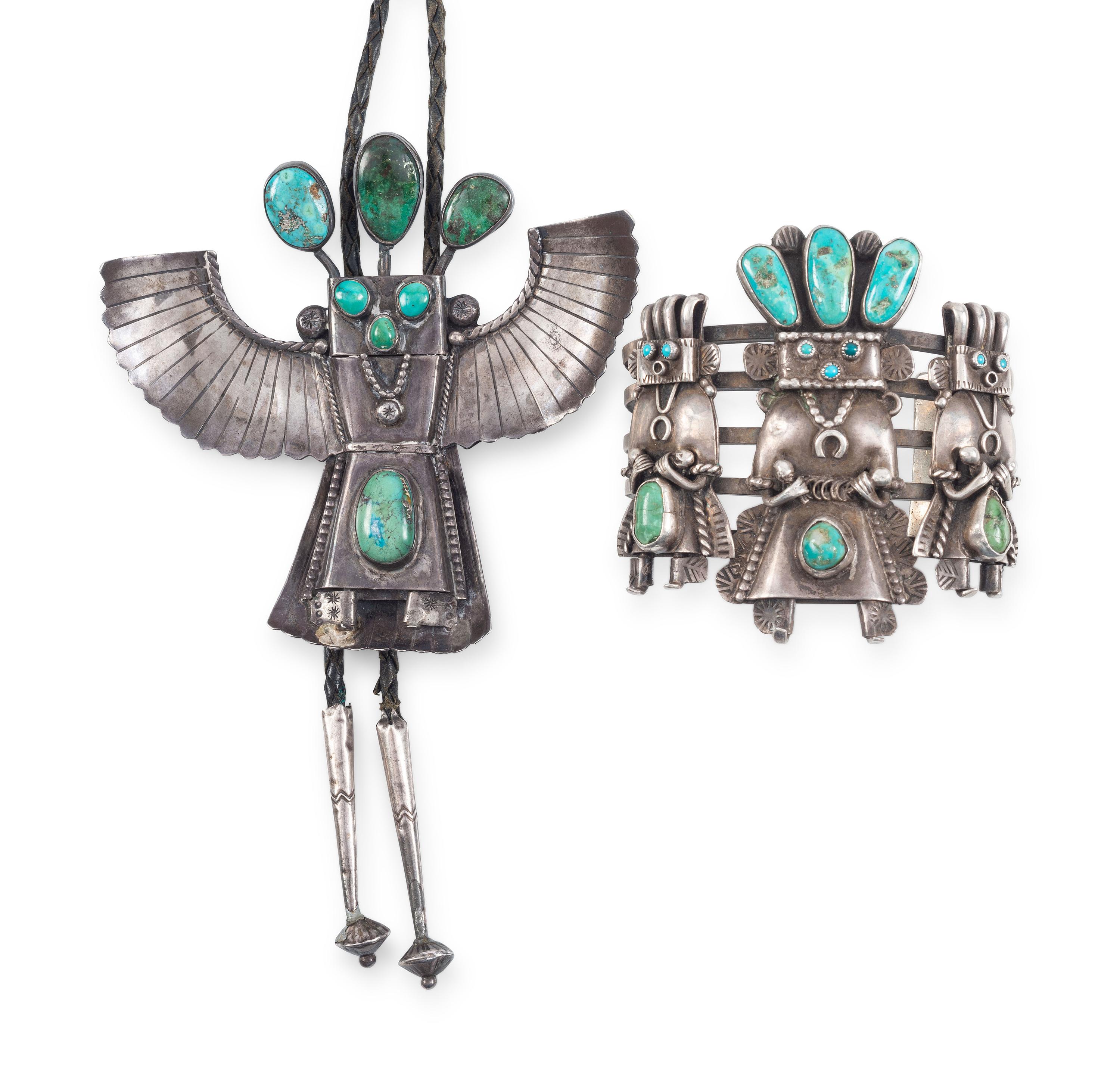 Navajo Silver and Turquoise Katsina Bolo Tie AND Cuff Bracelet