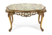 A Continental Giltwood and Onyx Low Table, Height 20 1/2 x width 35 1/2 x depth 22 1/2 inches.