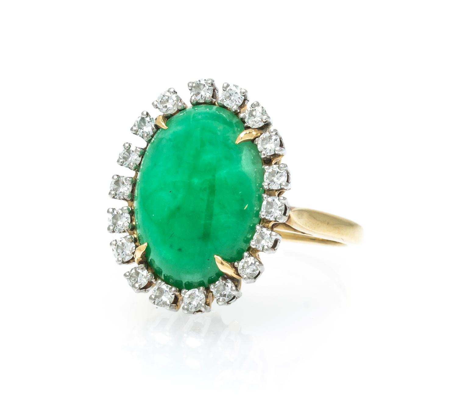 An 18 Karat Yellow Gold, Platinum, Jade and Diamond Ring, 3.60 dwts.
