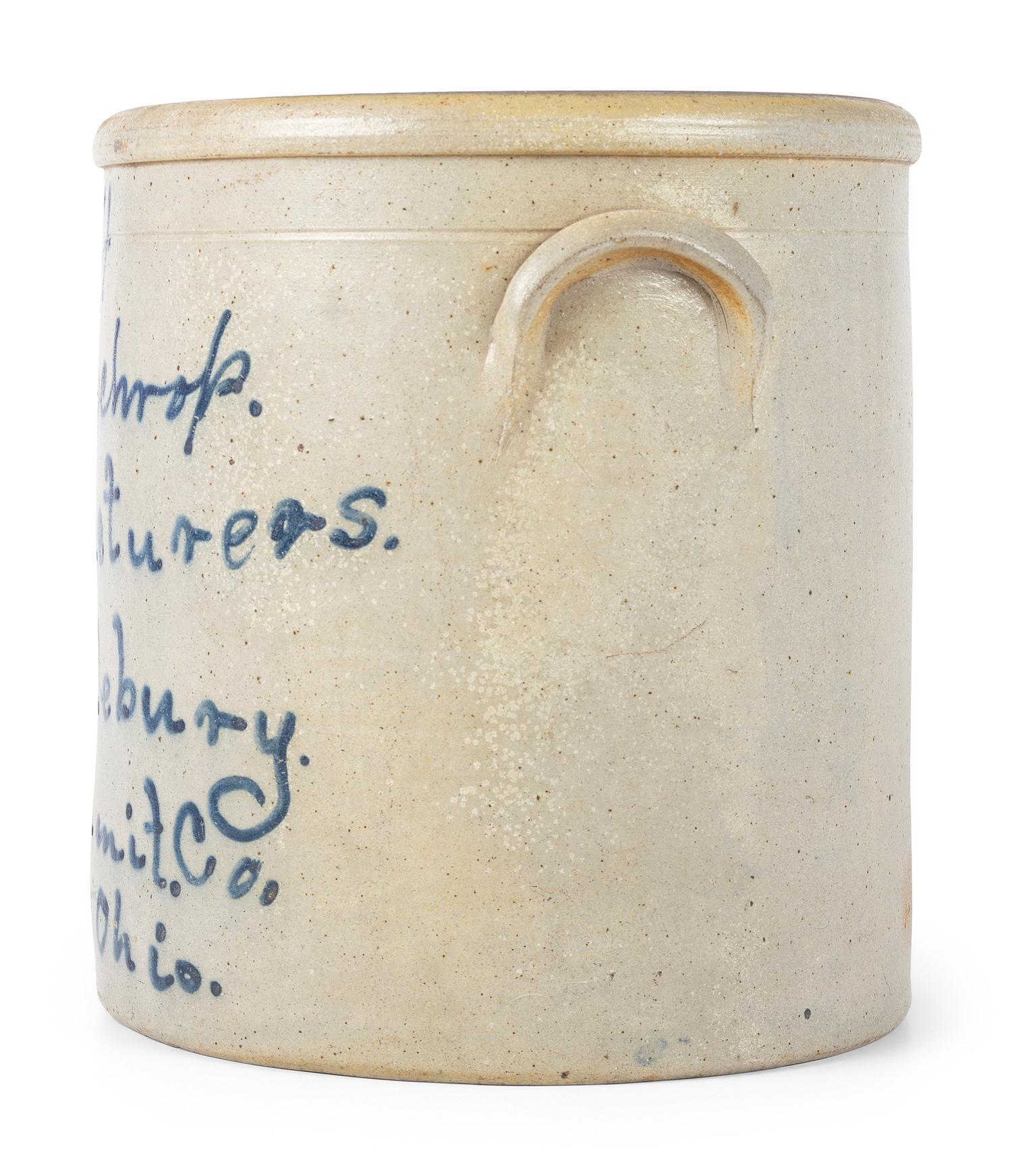 An Ohio Script Decorated Four Gallon Stoneware Crock
