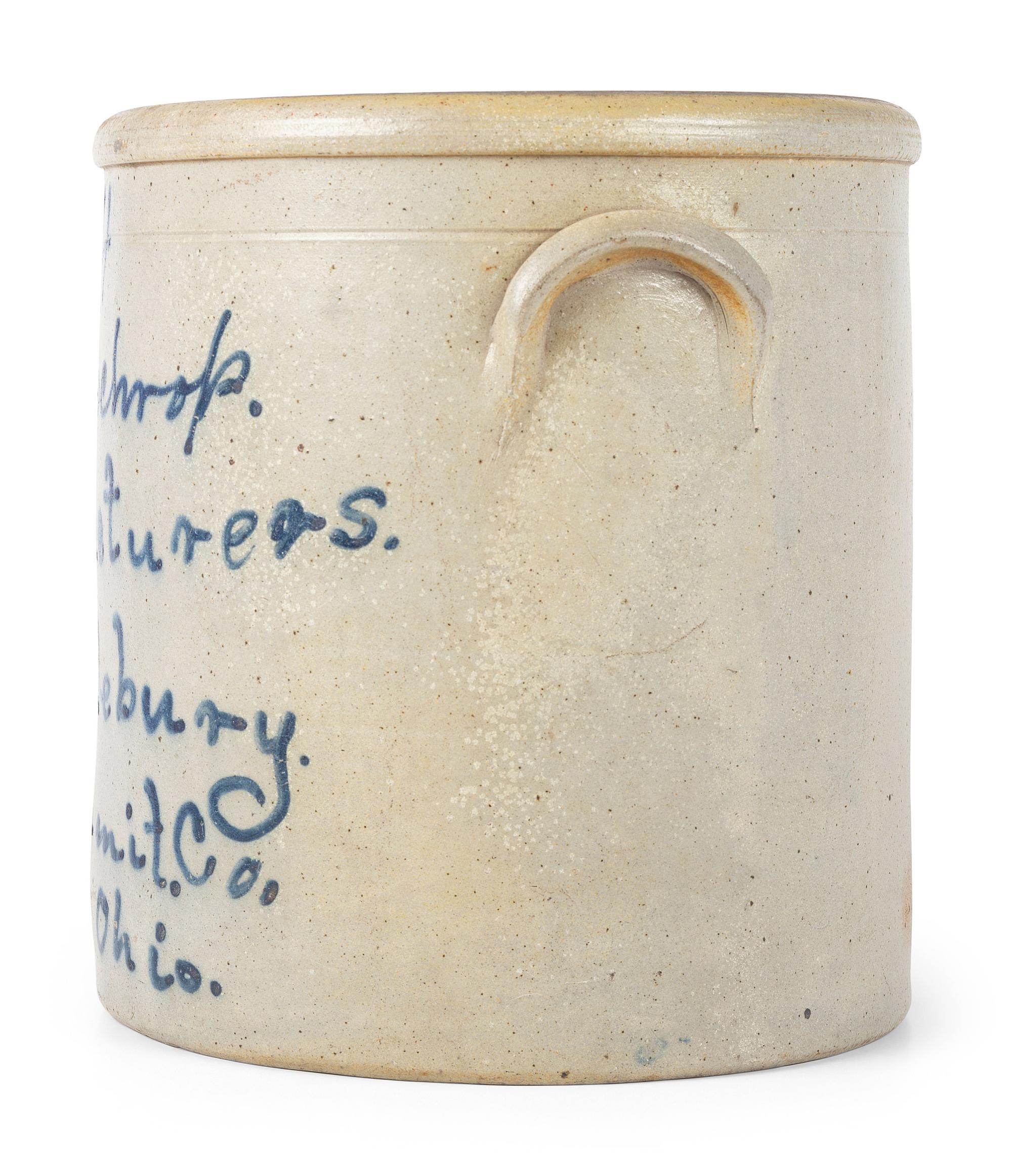 An Ohio Script Decorated Four Gallon Stoneware Crock