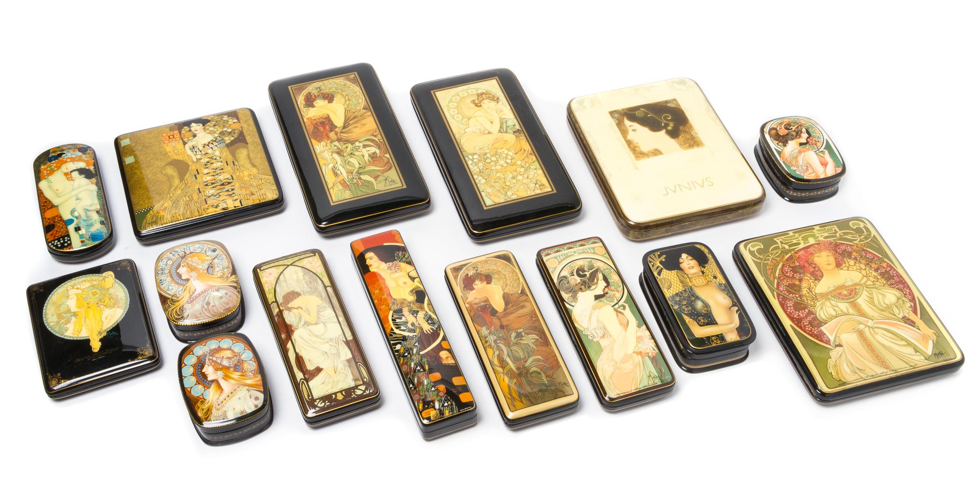 A Collection of Russian Lacquer Boxes Width of largest 7 3/4 inches.