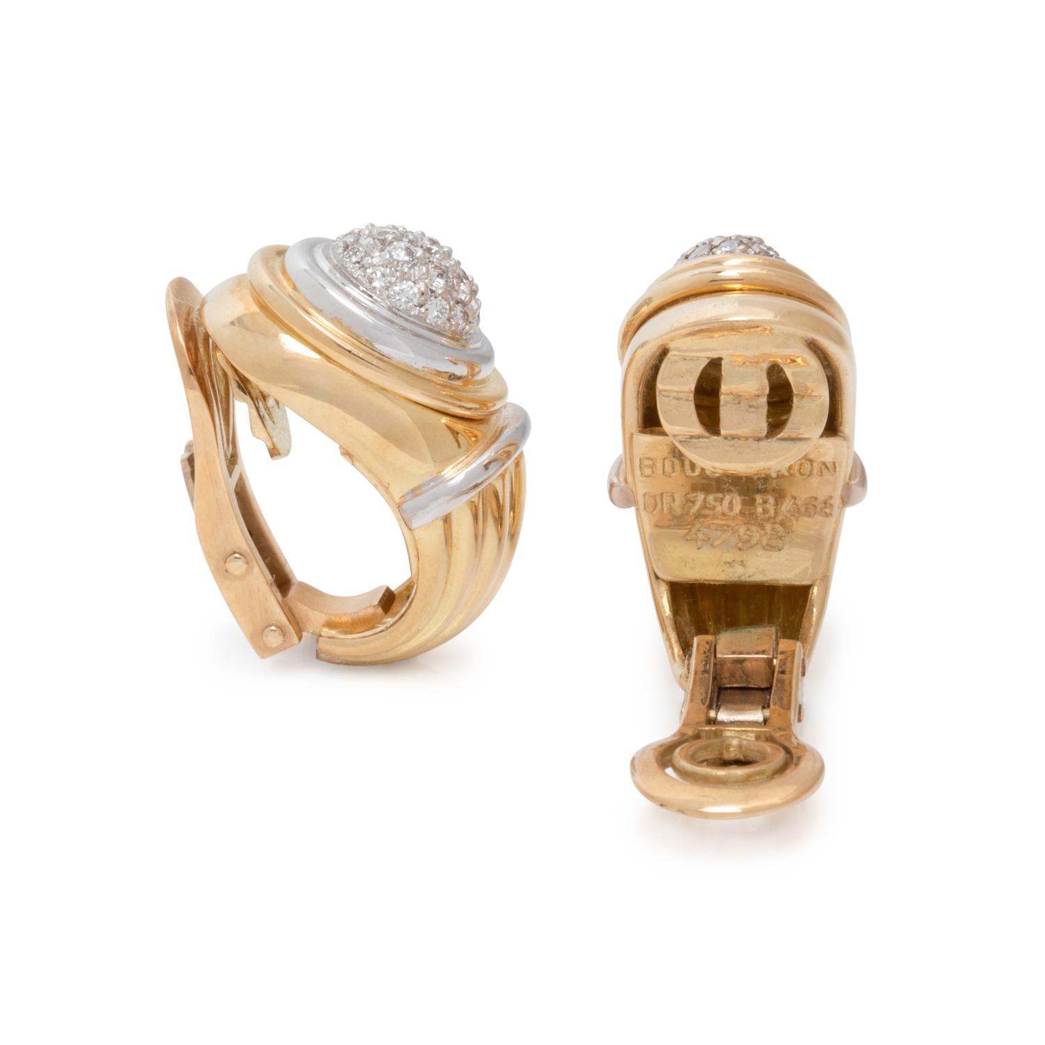 BOUCHERON, BICOLOR GOLD AND DIAMOND EARCLIPS