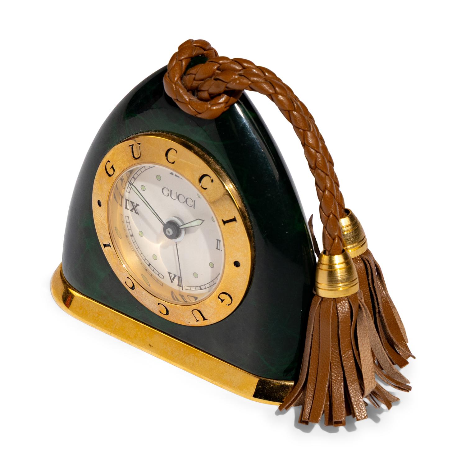 A Gucci Simulated-Malachite and Gilt-Metal Mounted Desk Clock