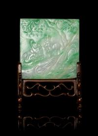 An Apple Green and Celadon Jadeite Plaque Length 2 5/8 x width 2 5/8 inches. — LATE 19TH/EARLY 20TH CENTURY