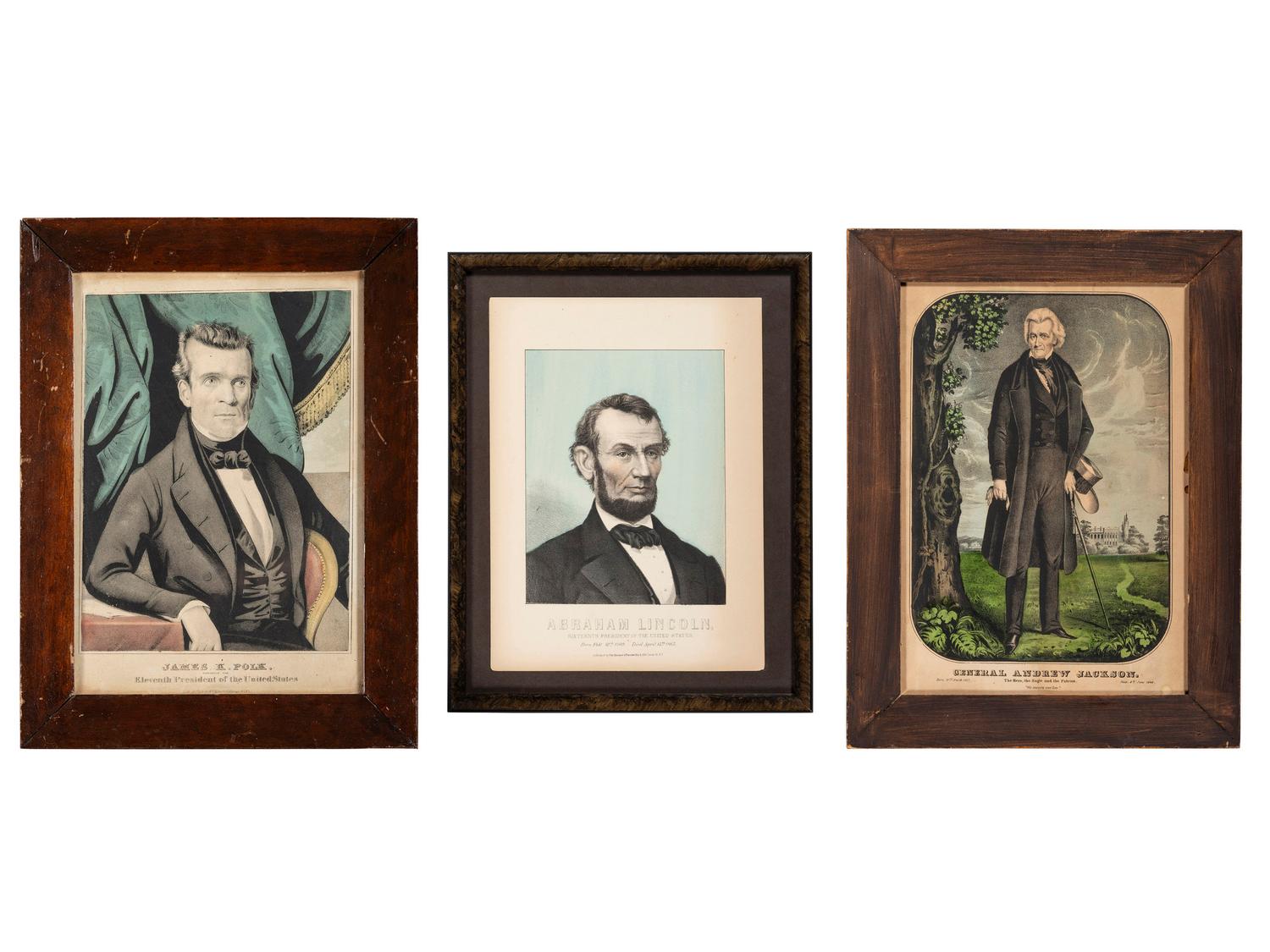 [POLITICS]. A group of 3 lithographs, incl. portraits of Andrew JACKSON, James K. POLK, and Abraham LINCOLN.