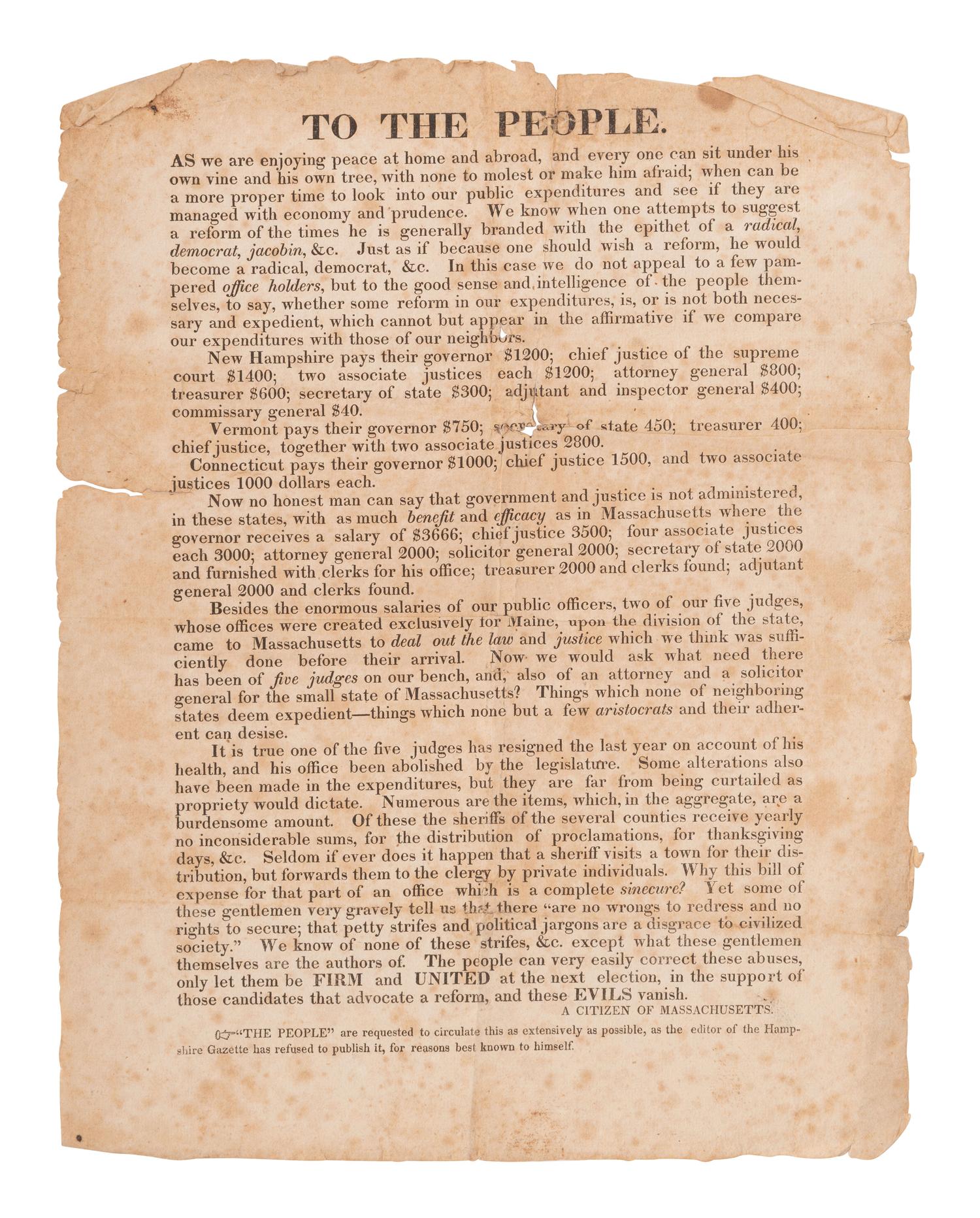 [POLITICS]. "To The People." Printed broadside from "A Citizen of Massachusetts."
