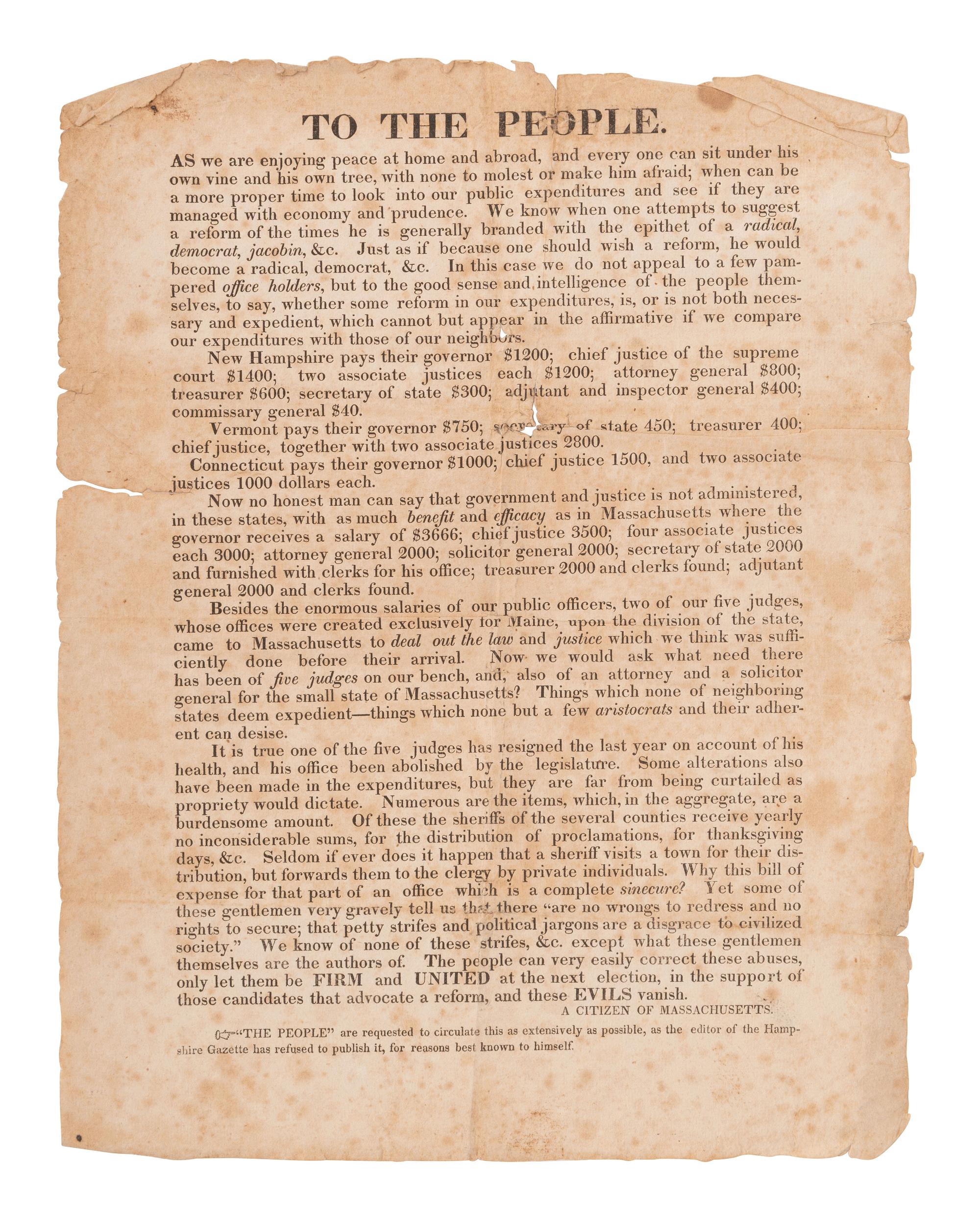 [POLITICS]. "To The People." Printed broadside from "A Citizen of Massachusetts."