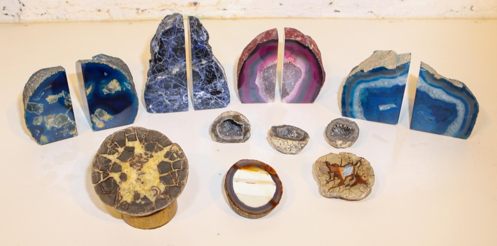 Fourteen Marble Specimen Book Ends and Geodes. Height of tallest 6 1/2 inches.